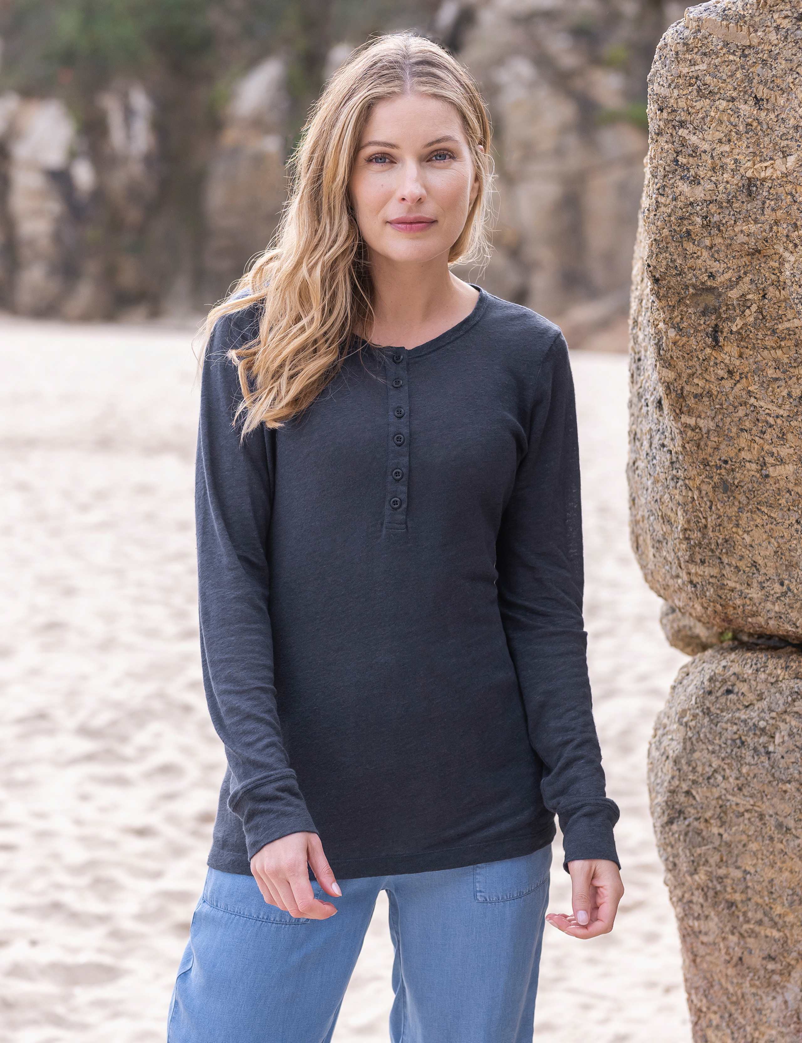 Linen Blend Button Detail Henley Top 2 of 2