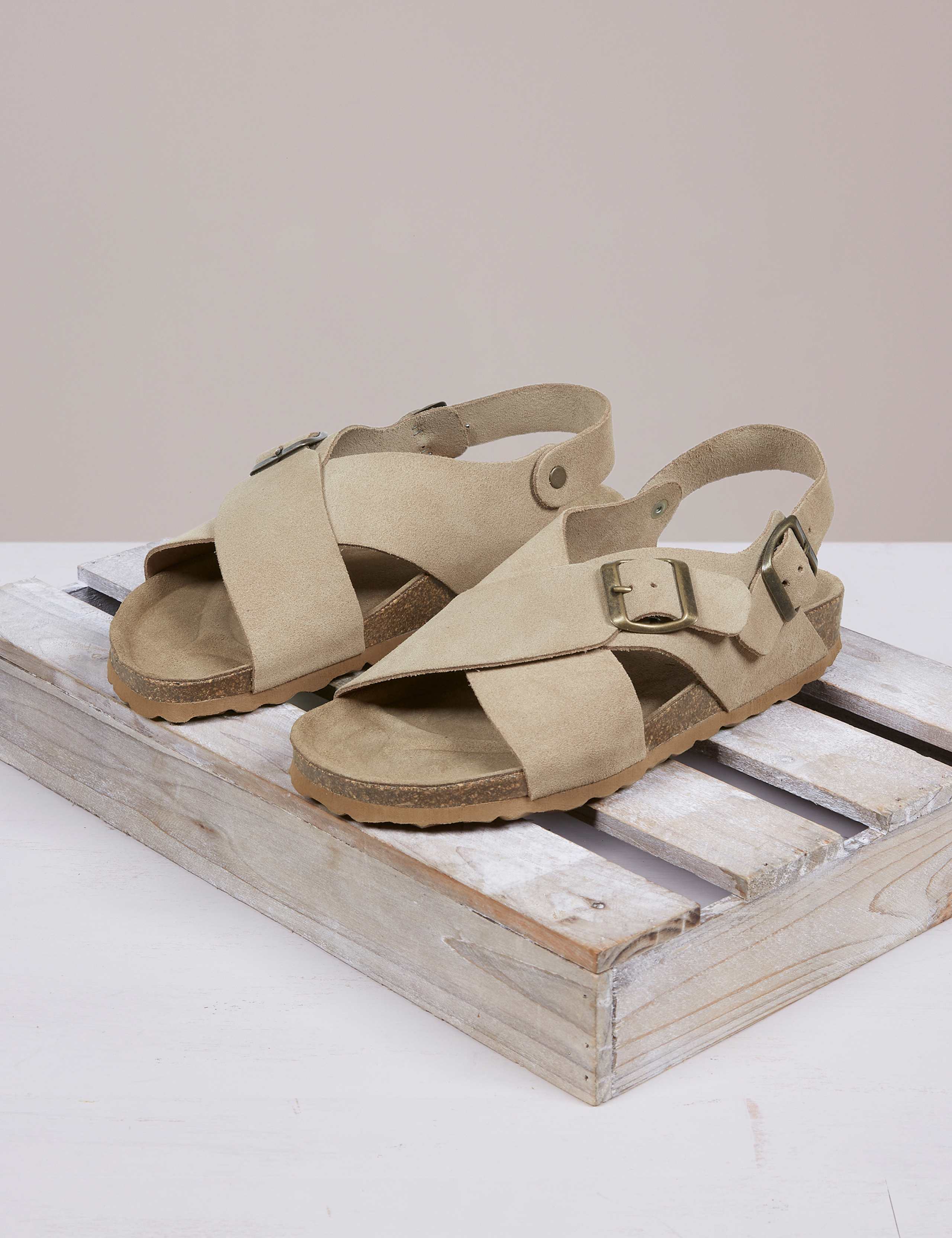 Leather Buckle Crossover Flat Sandals 1 of 5