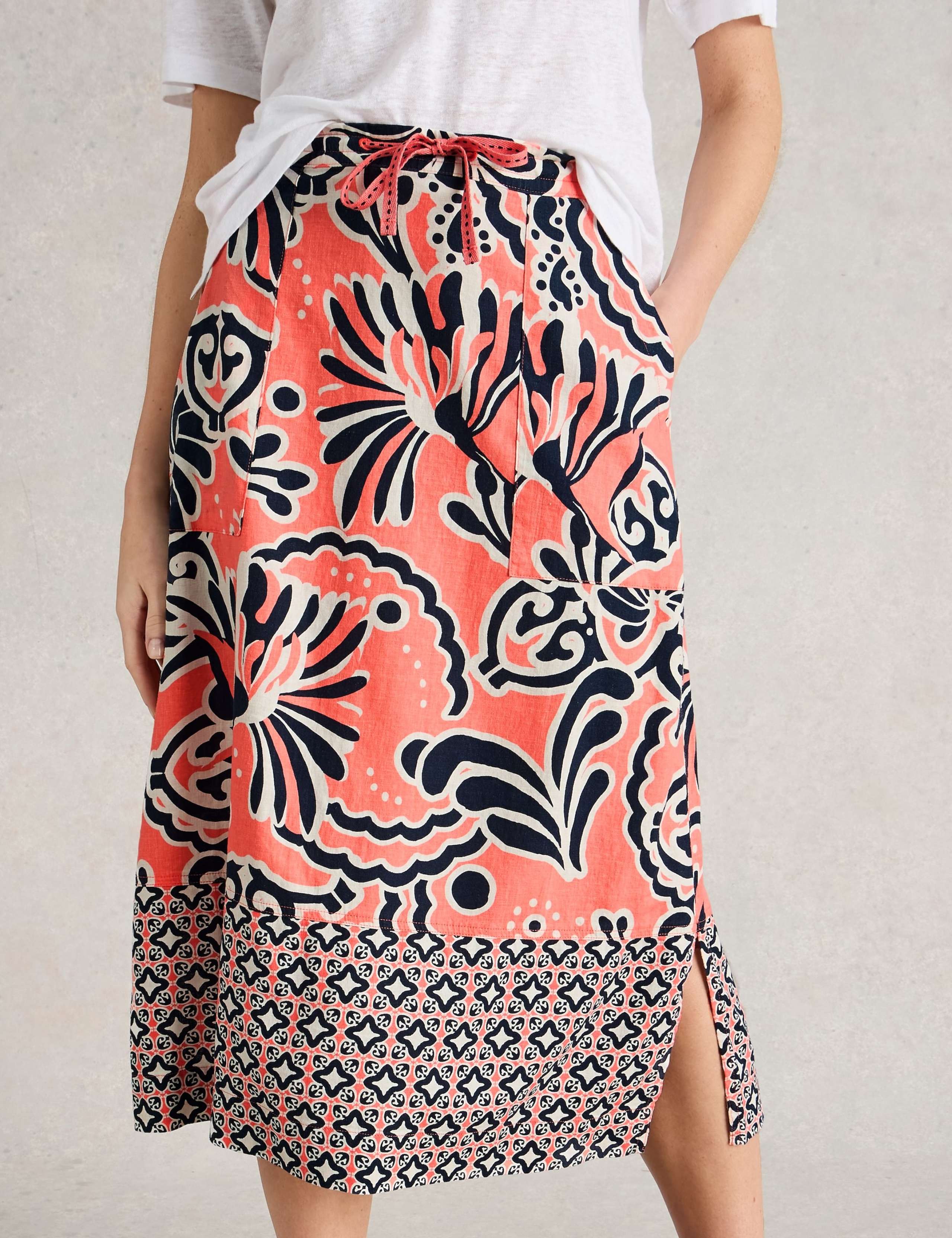 Linen Rich Printed Midi A-Line Skirt 3 of 5