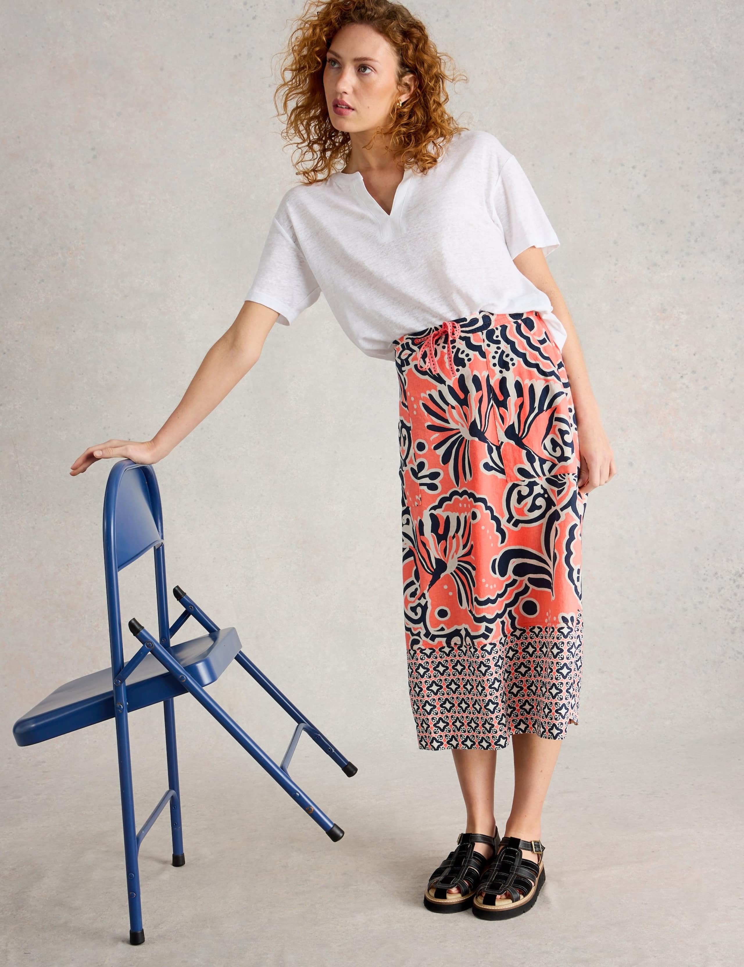 Linen Rich Printed Midi A-Line Skirt 5 of 5