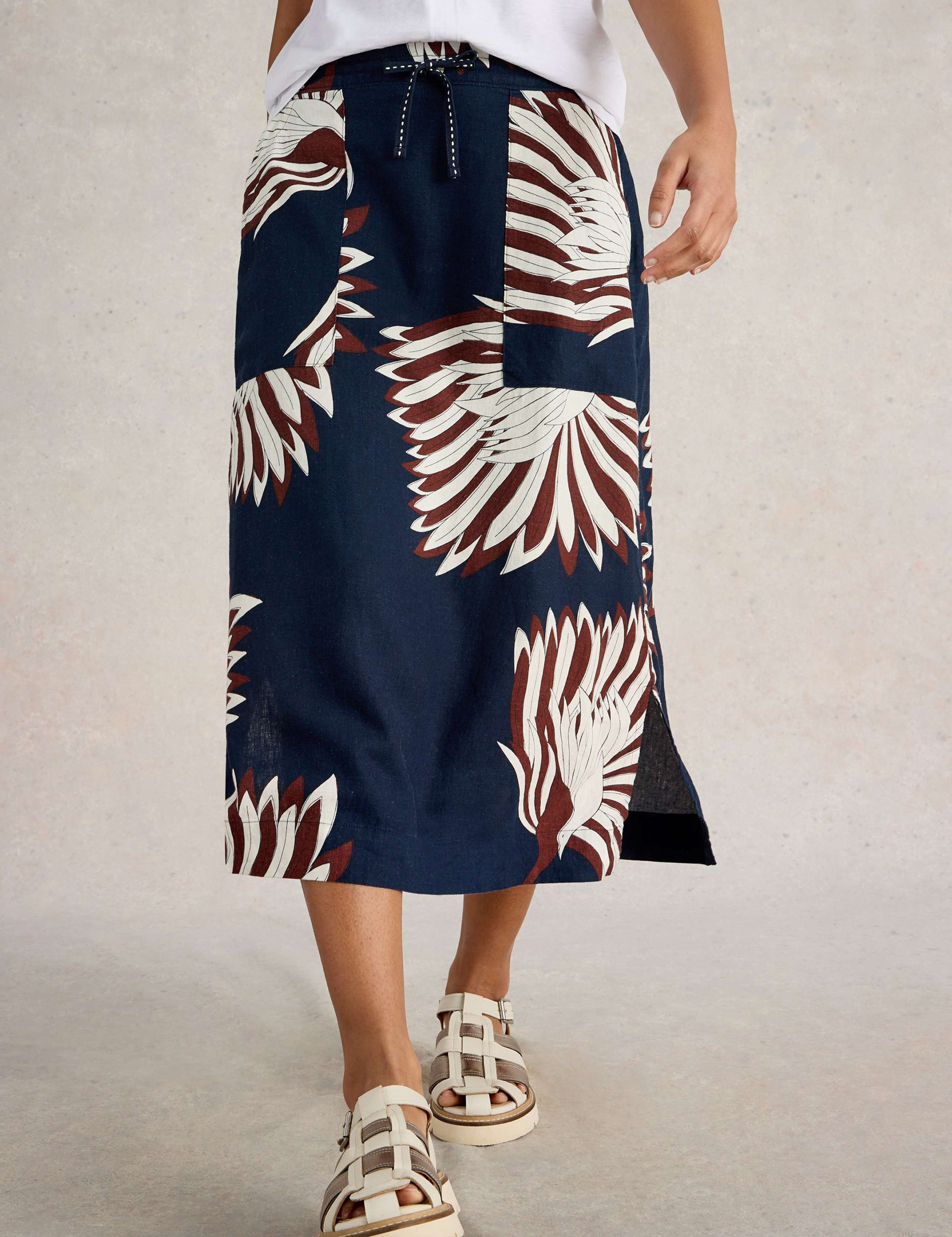 Linen Rich Printed Midi A-Line Skirt 3 of 5