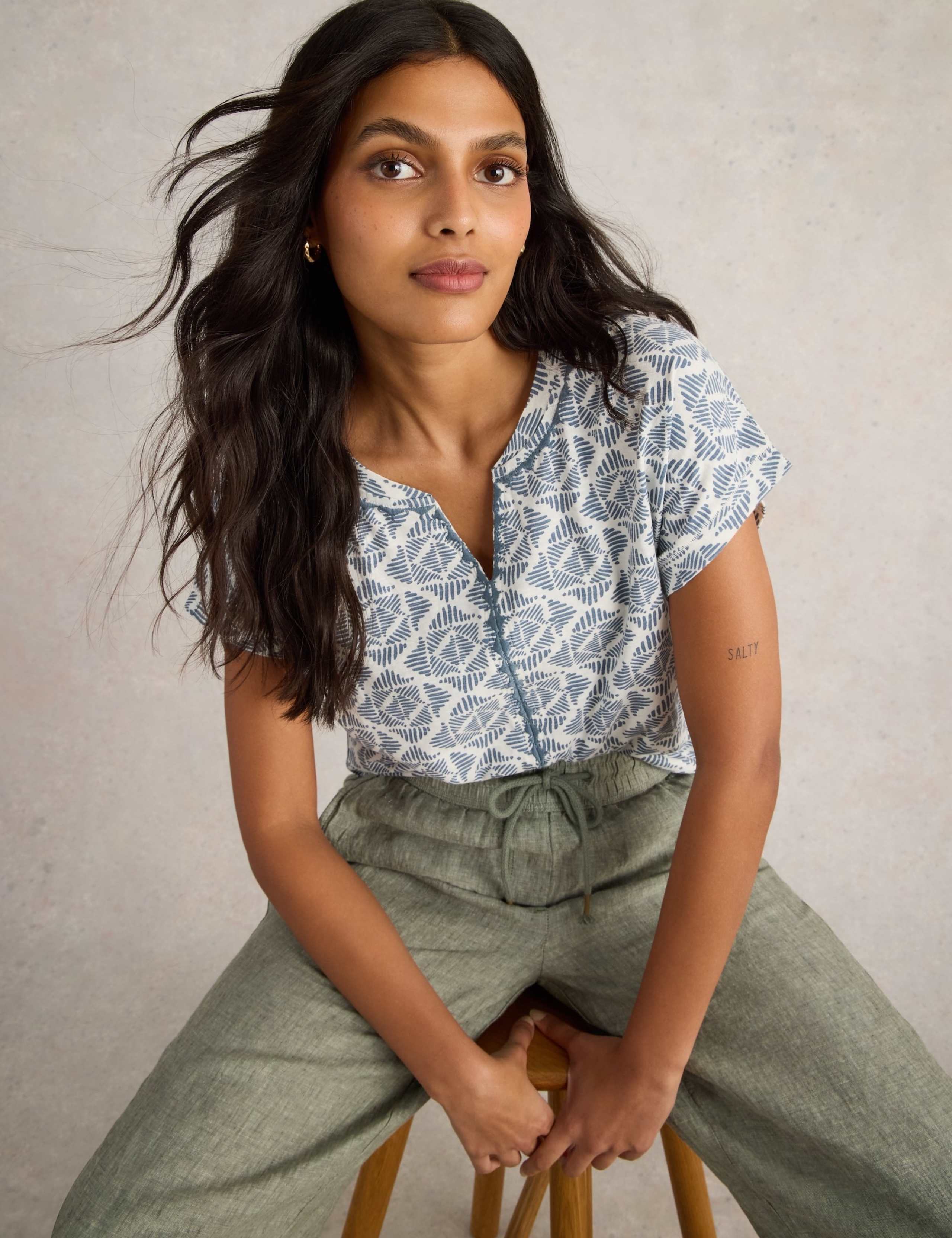 Pure Cotton Embroidered Notch Neck T-Shirt 5 of 6