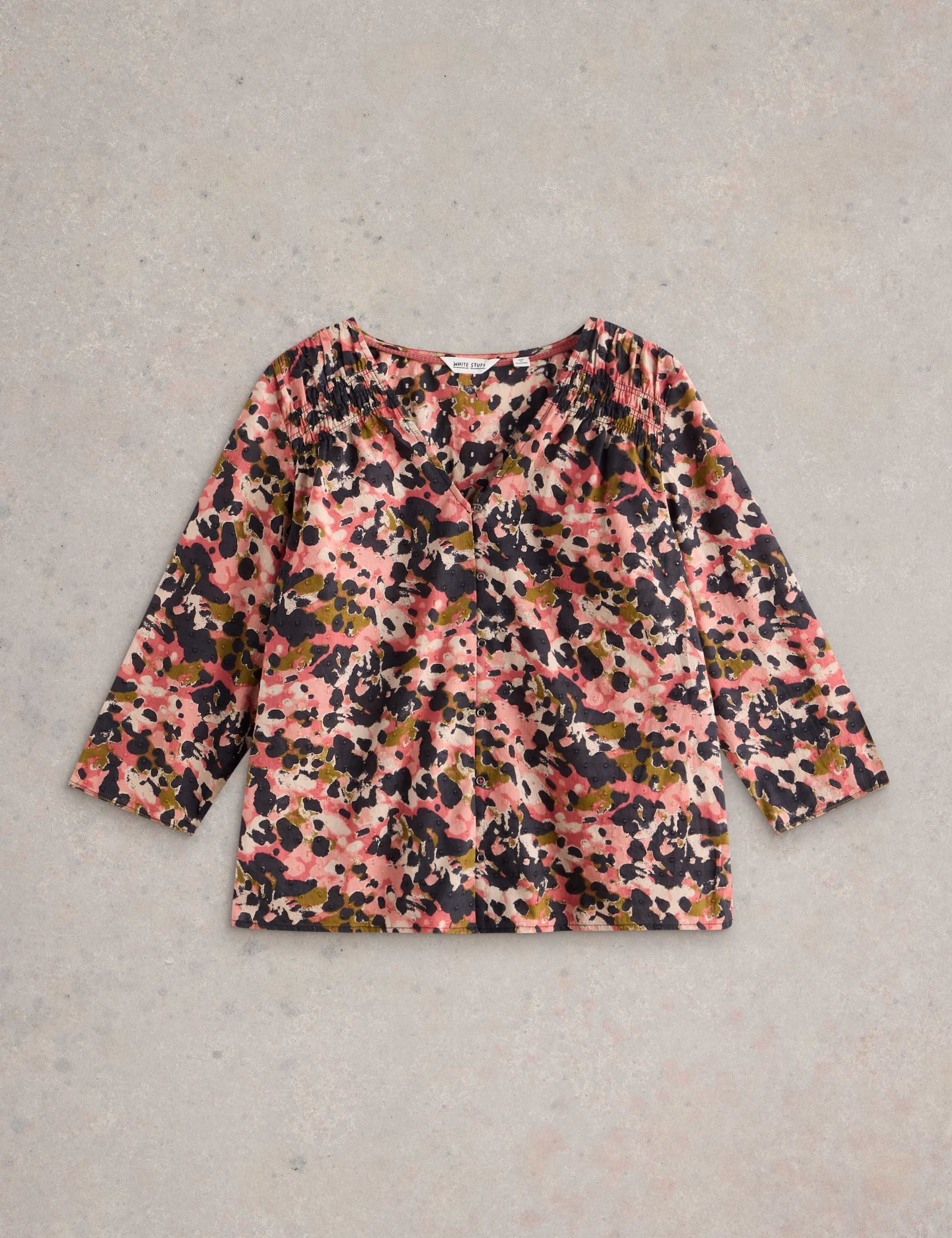 Pure Cotton Abstract V-Neck Shirred Blouse 2 of 7