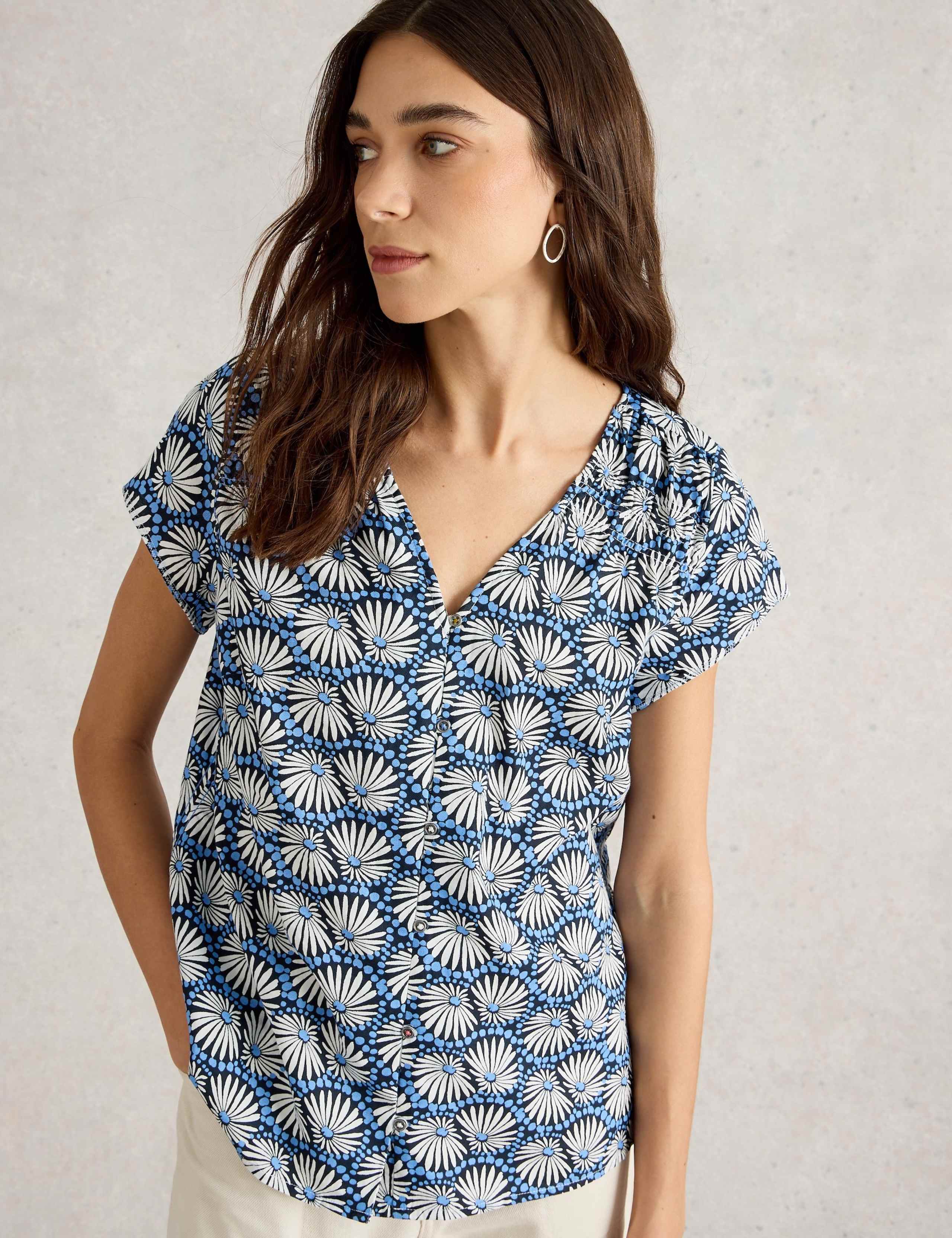 Pure Cotton Geometric Floral V-Neck Top 5 of 6