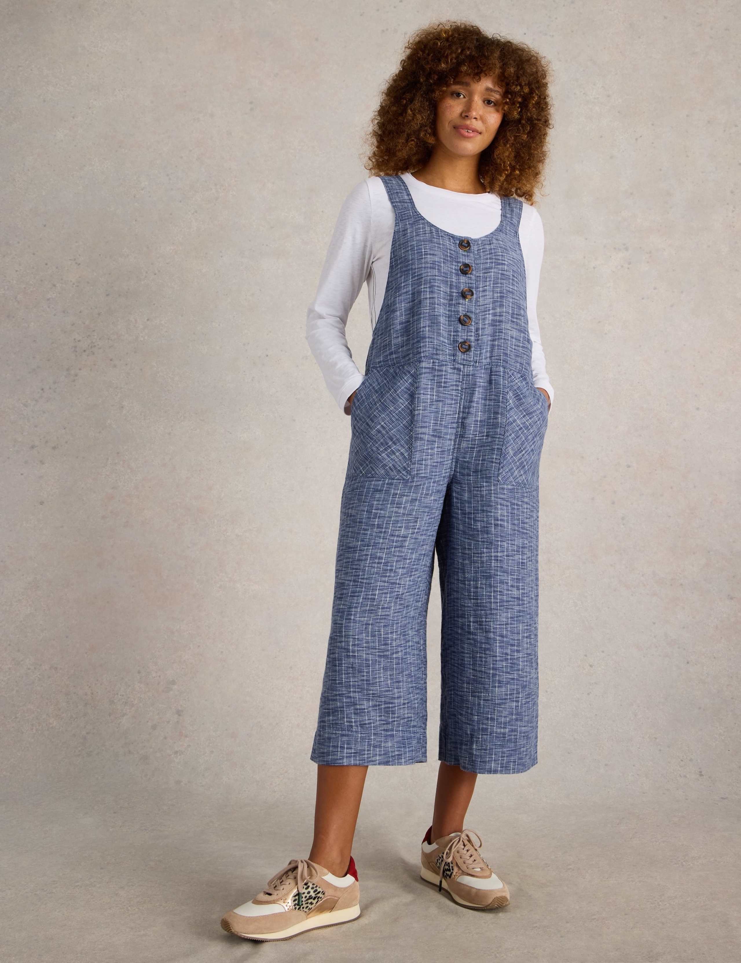 Pure Linen Cropped Dungarees 3 of 6
