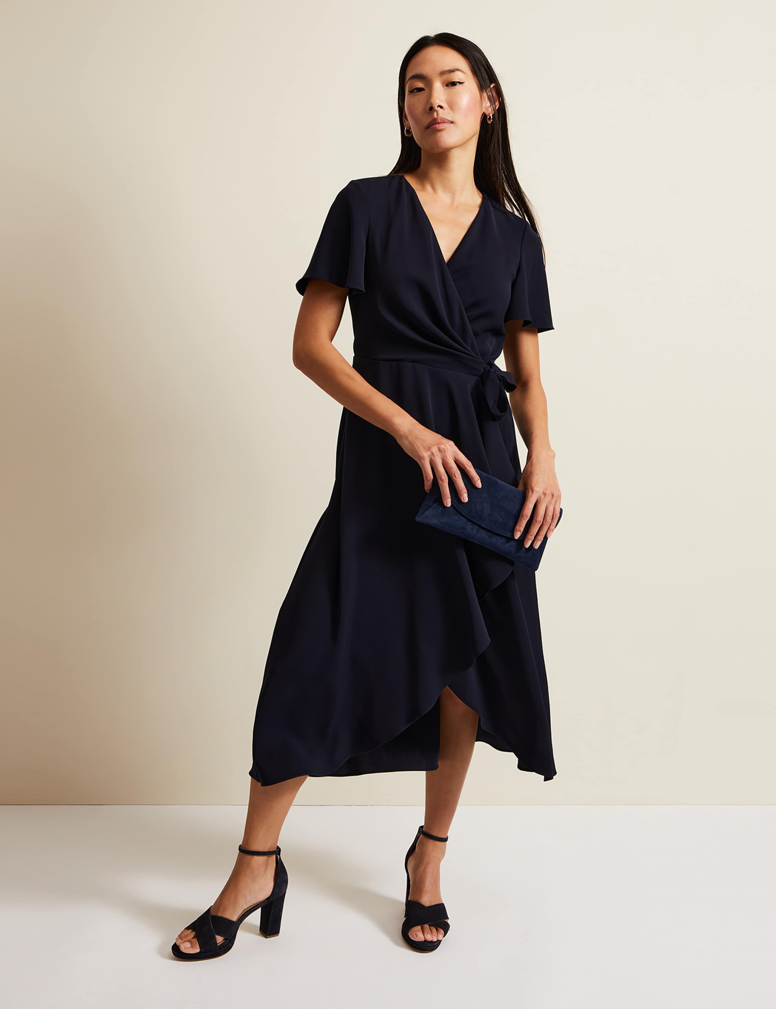 V-Neck Frill Detail Midi Wrap Dress 1 of 8