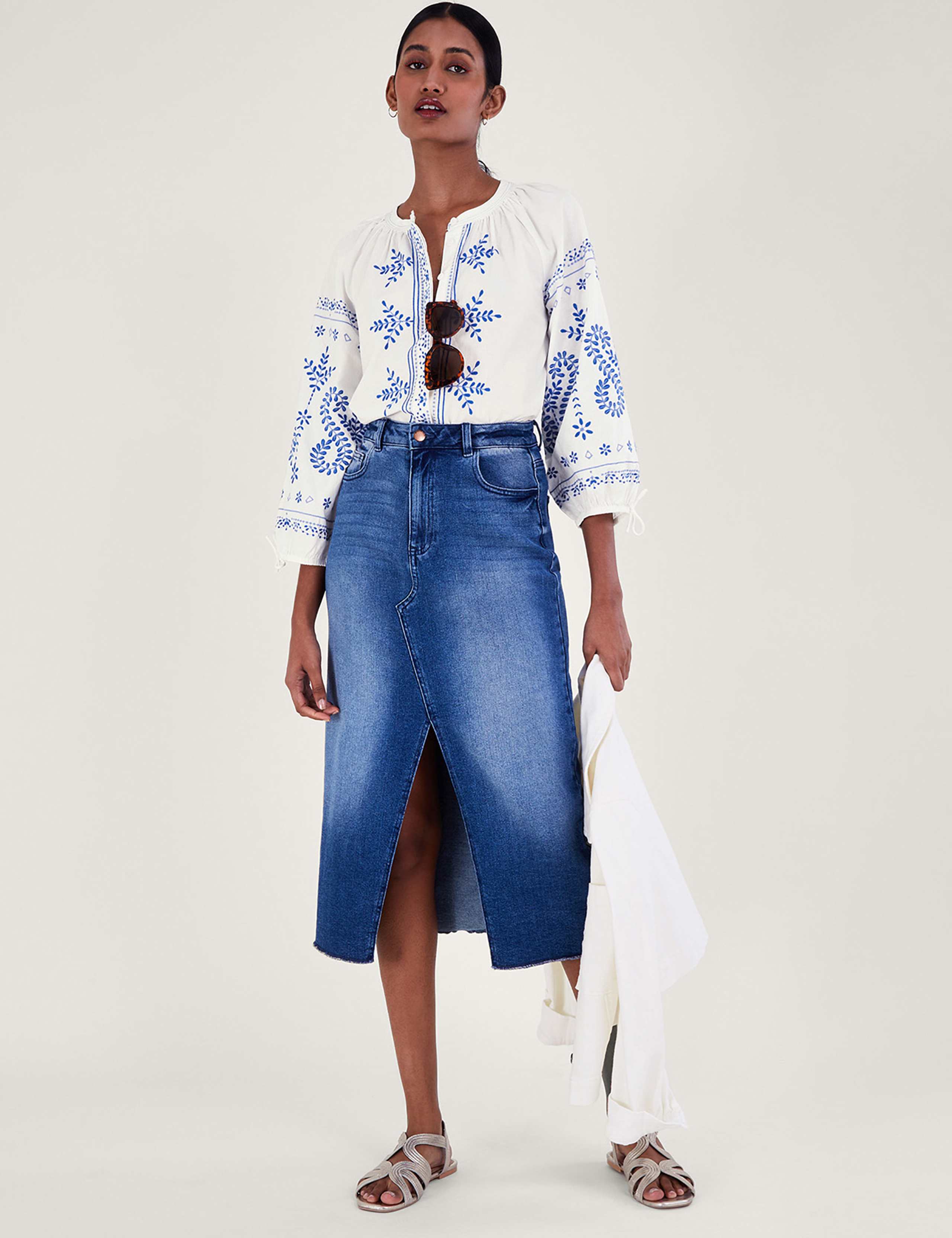 Pure Cotton Embroidered Blouson Sleeve Top 4 of 5