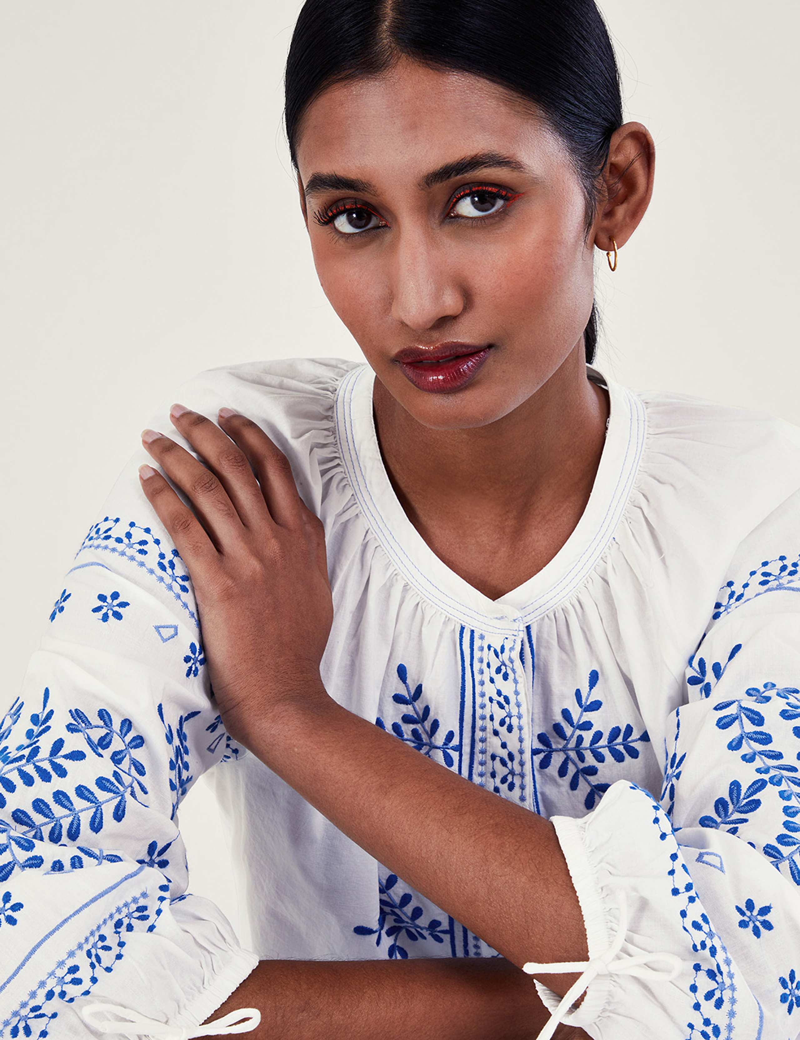 Pure Cotton Embroidered Blouson Sleeve Top 5 of 5
