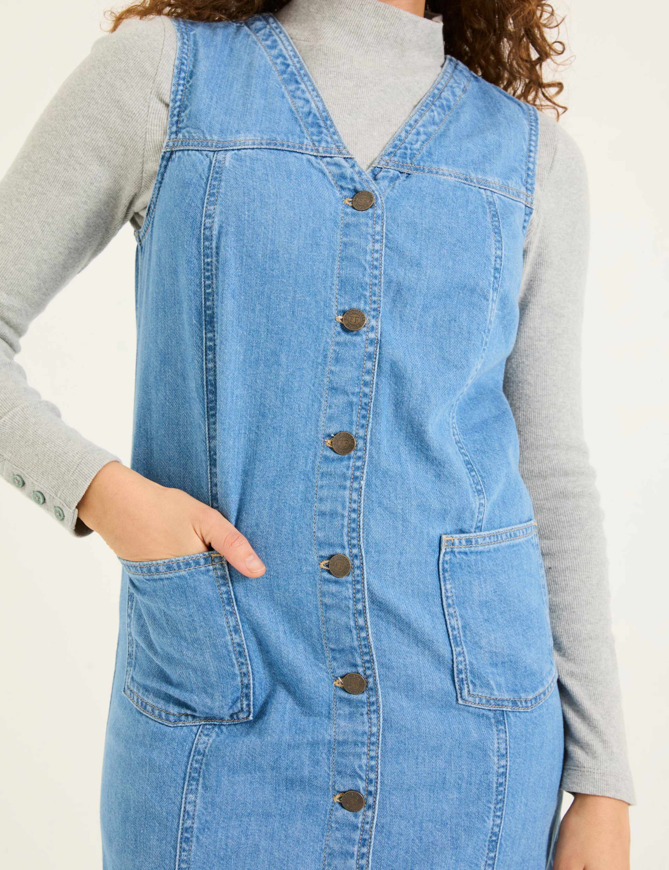 Denim V-Neck Button Through Midi Shift Dress 5 of 6
