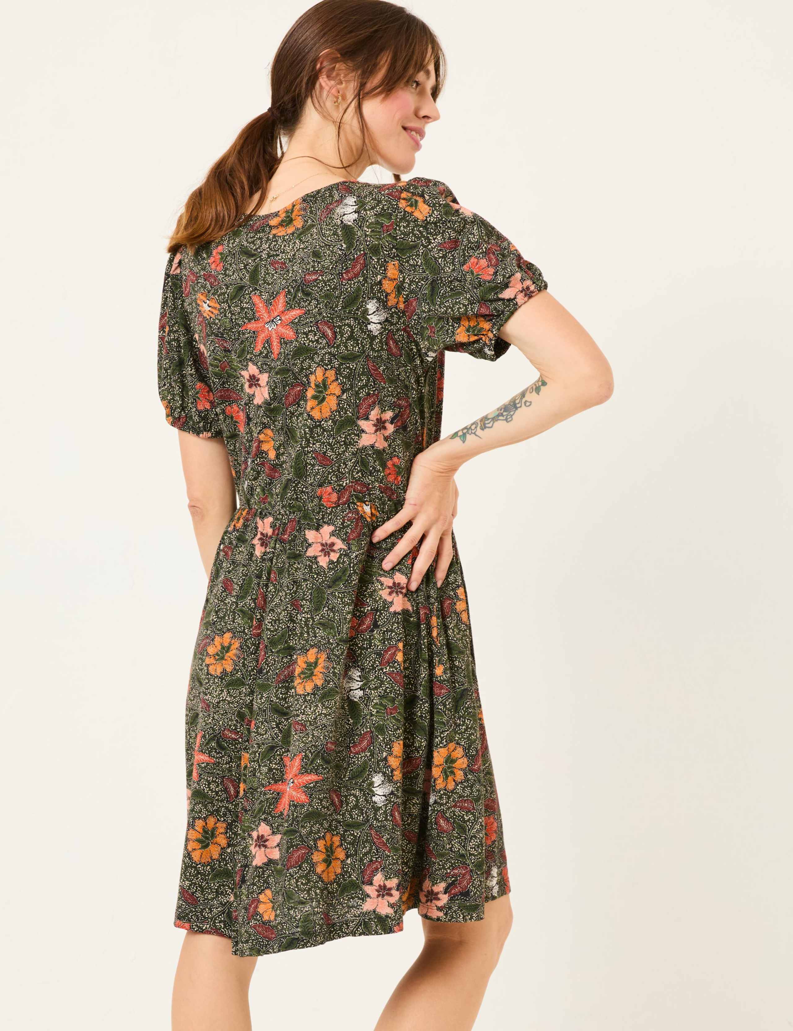 Jersey Floral Tie Neck Mini Waisted Dress 3 of 5
