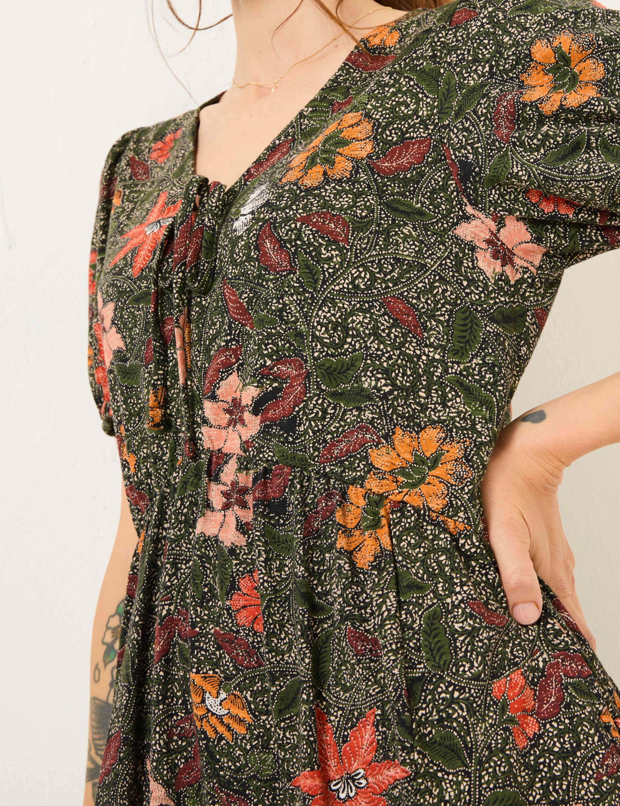 Jersey Floral Tie Neck Mini Waisted Dress 4 of 5