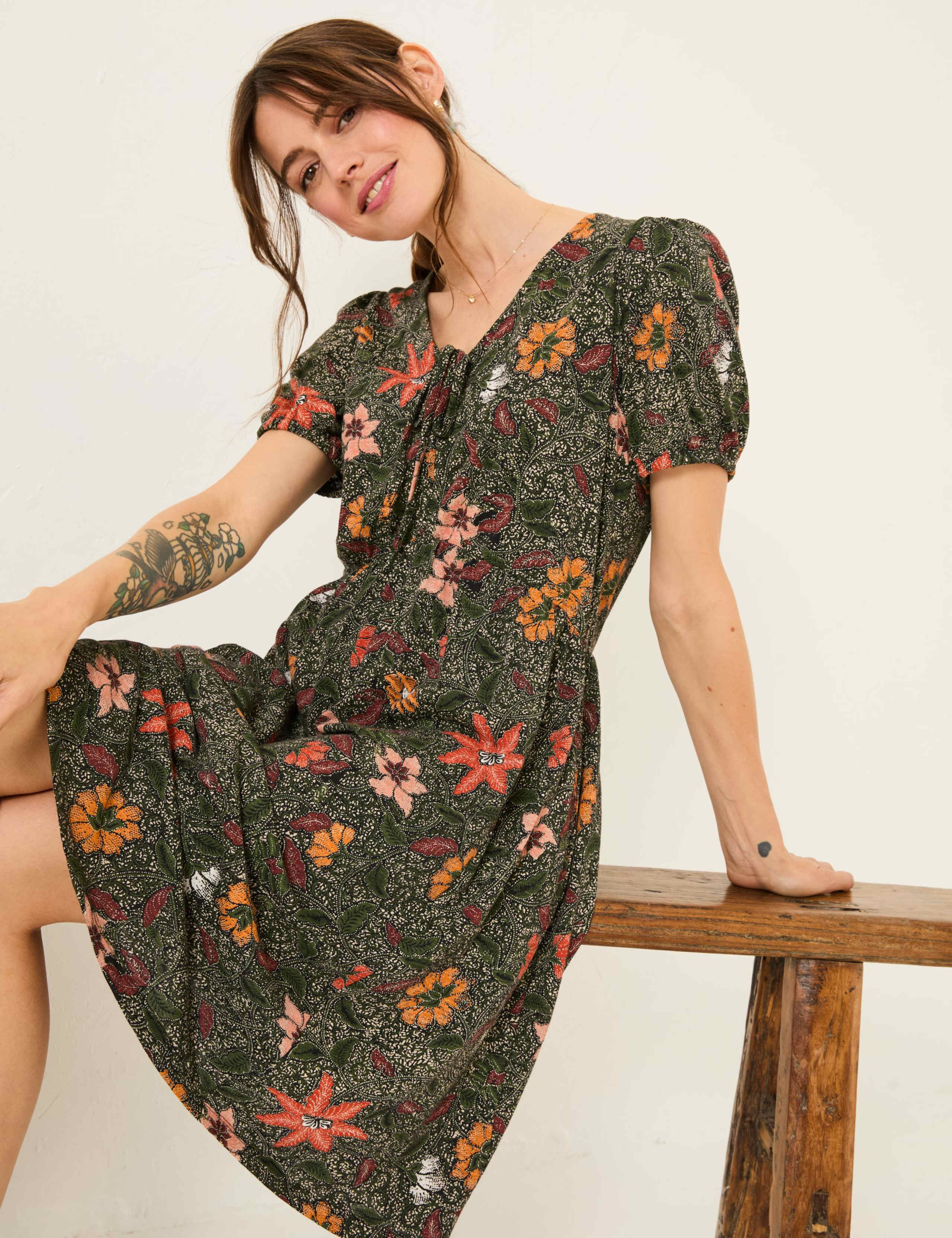 Jersey Floral Tie Neck Mini Waisted Dress 5 of 5