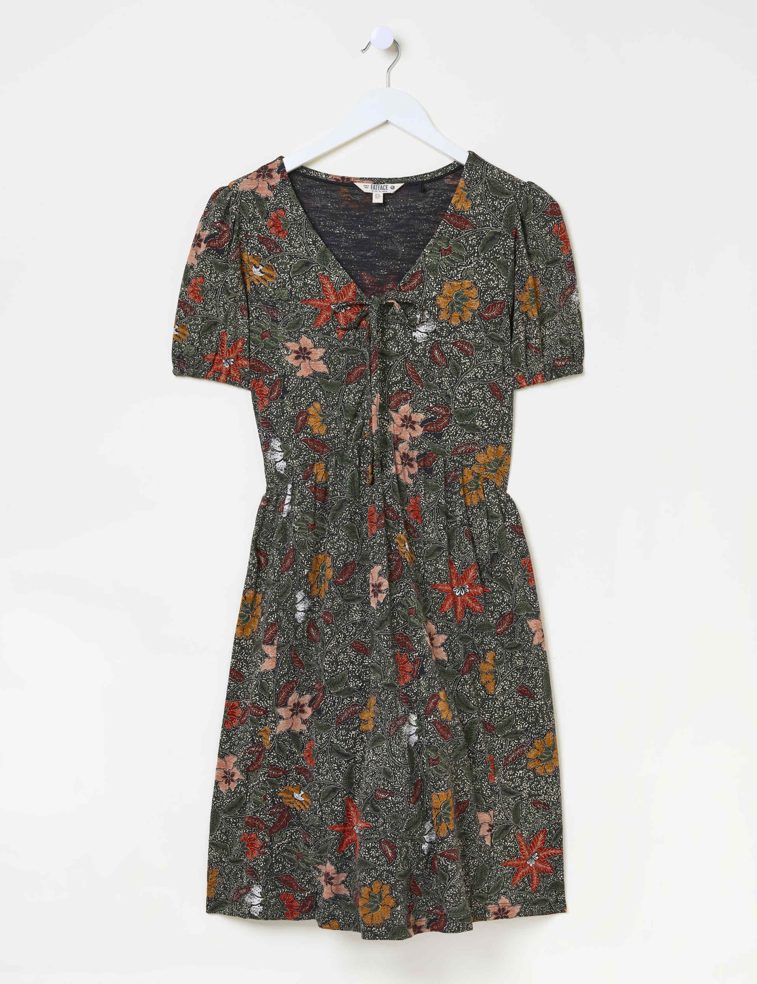 Jersey Floral Tie Neck Mini Waisted Dress 2 of 5