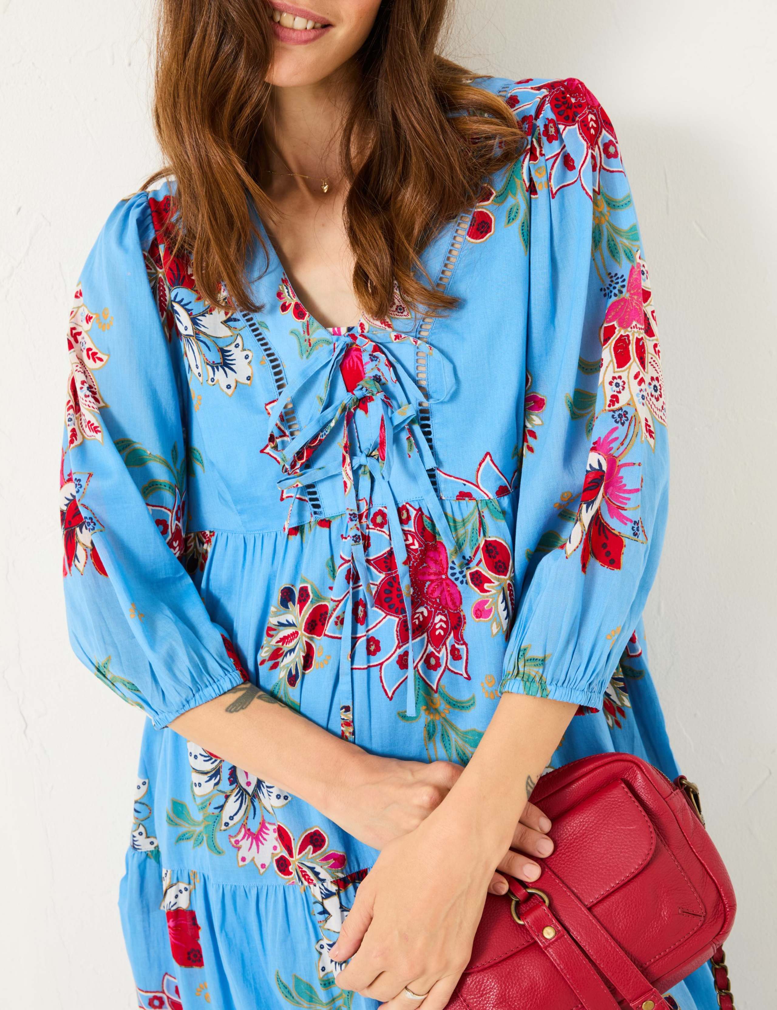 Pure Cotton Floral Tie Neck Midi Tiered Dress 4 of 5