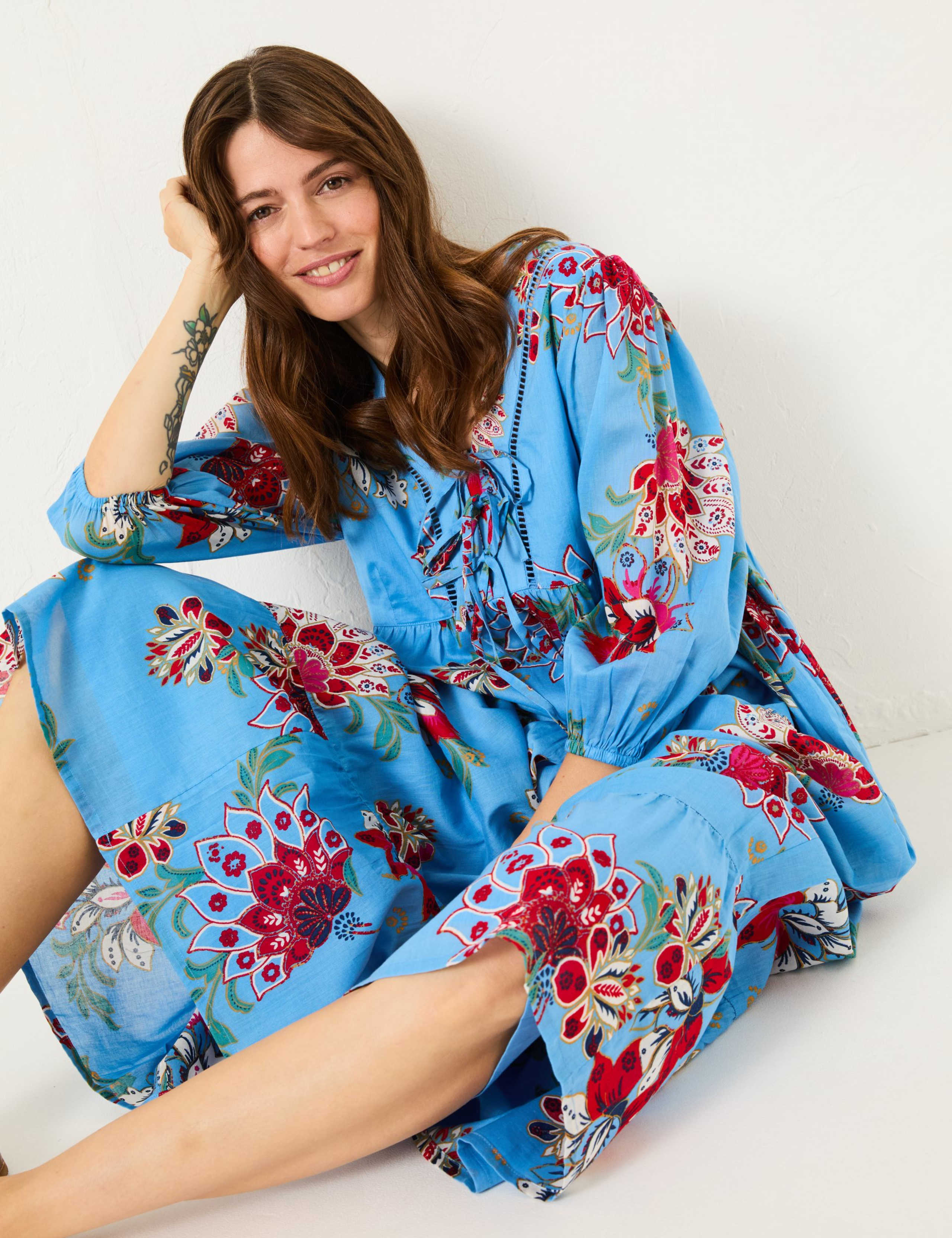 Pure Cotton Floral Tie Neck Midi Tiered Dress 5 of 5