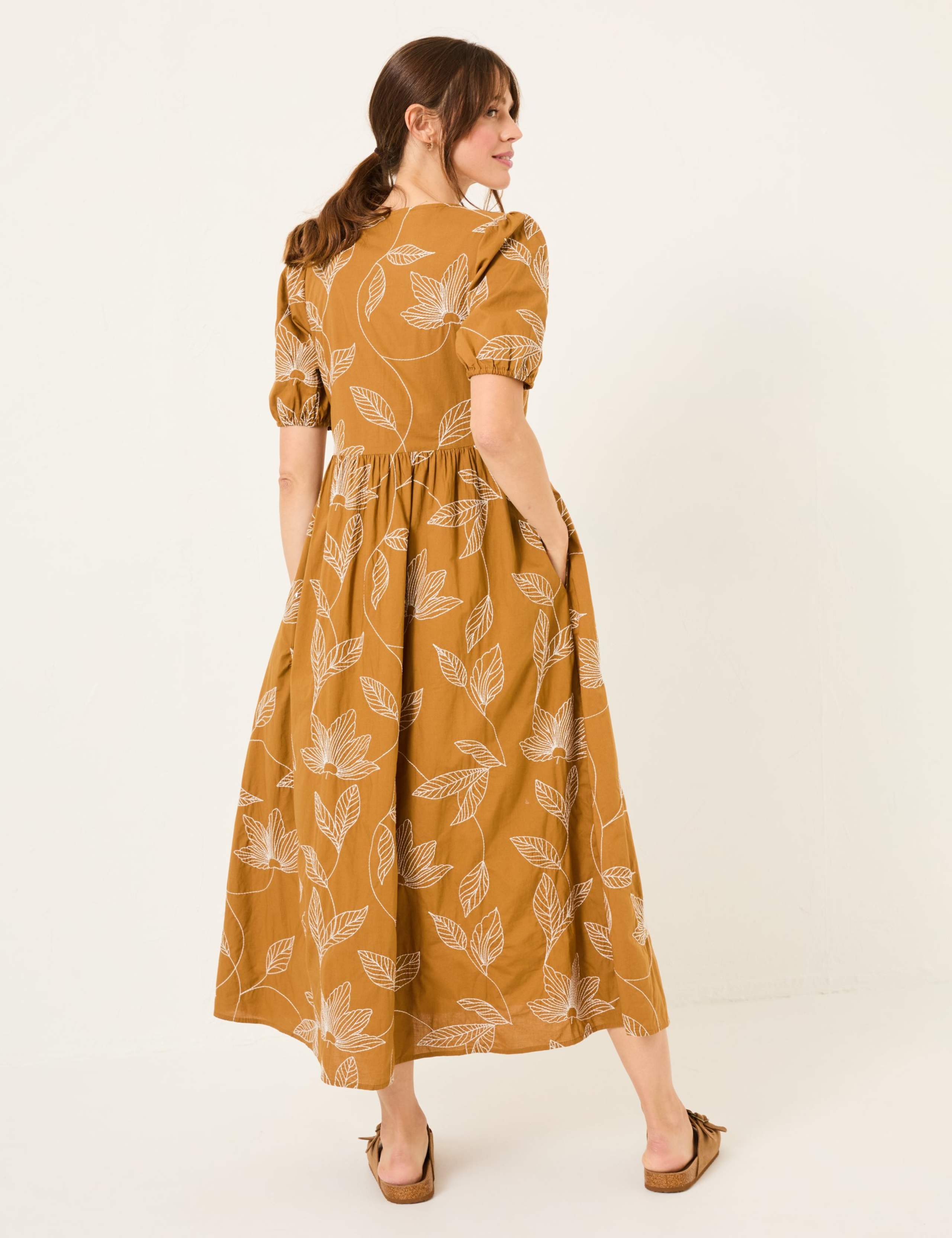 Pure Cotton Leaf Print V-Neck Midi Dress 3 of 5
