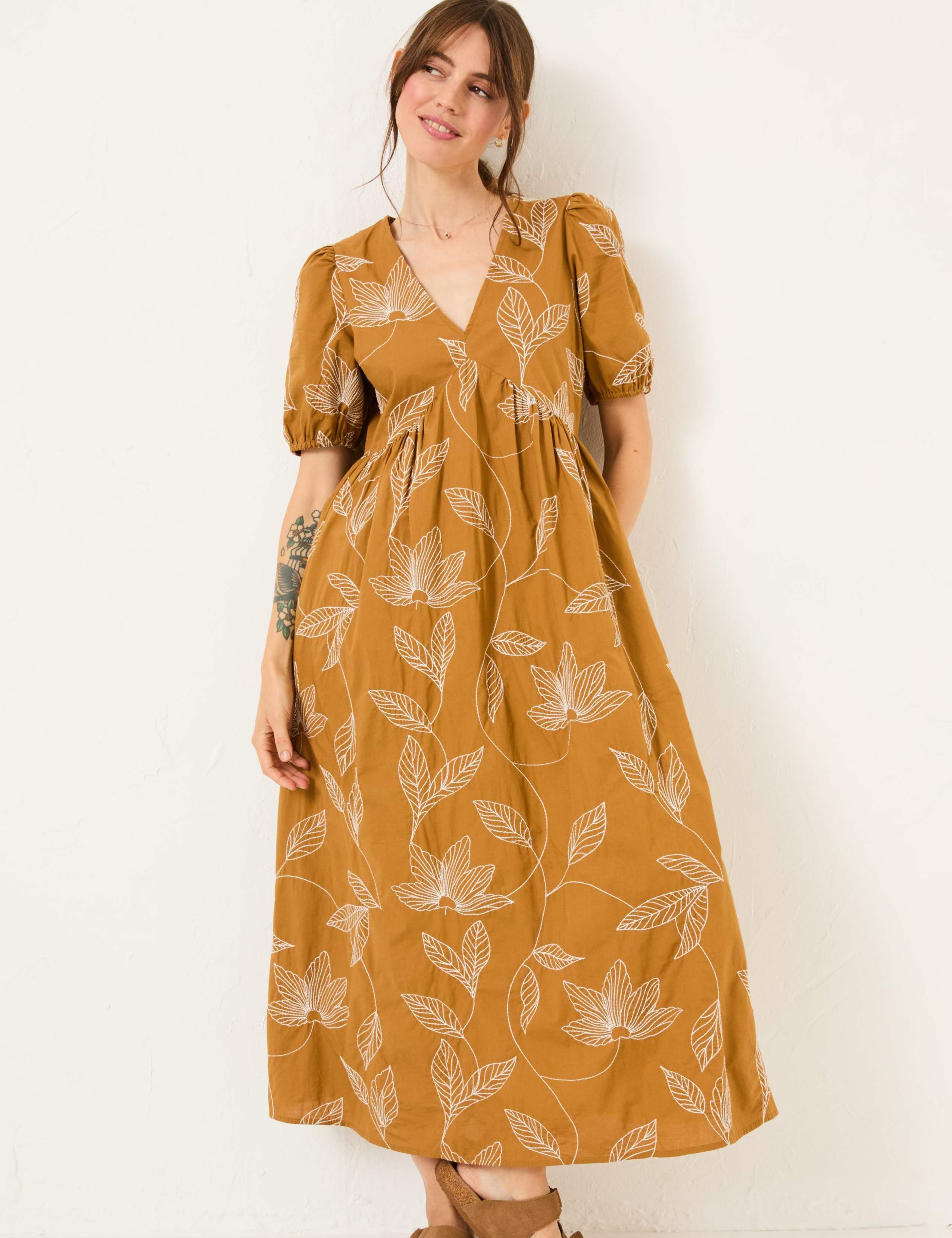 Pure Cotton Leaf Print V-Neck Midi Dress 4 of 5