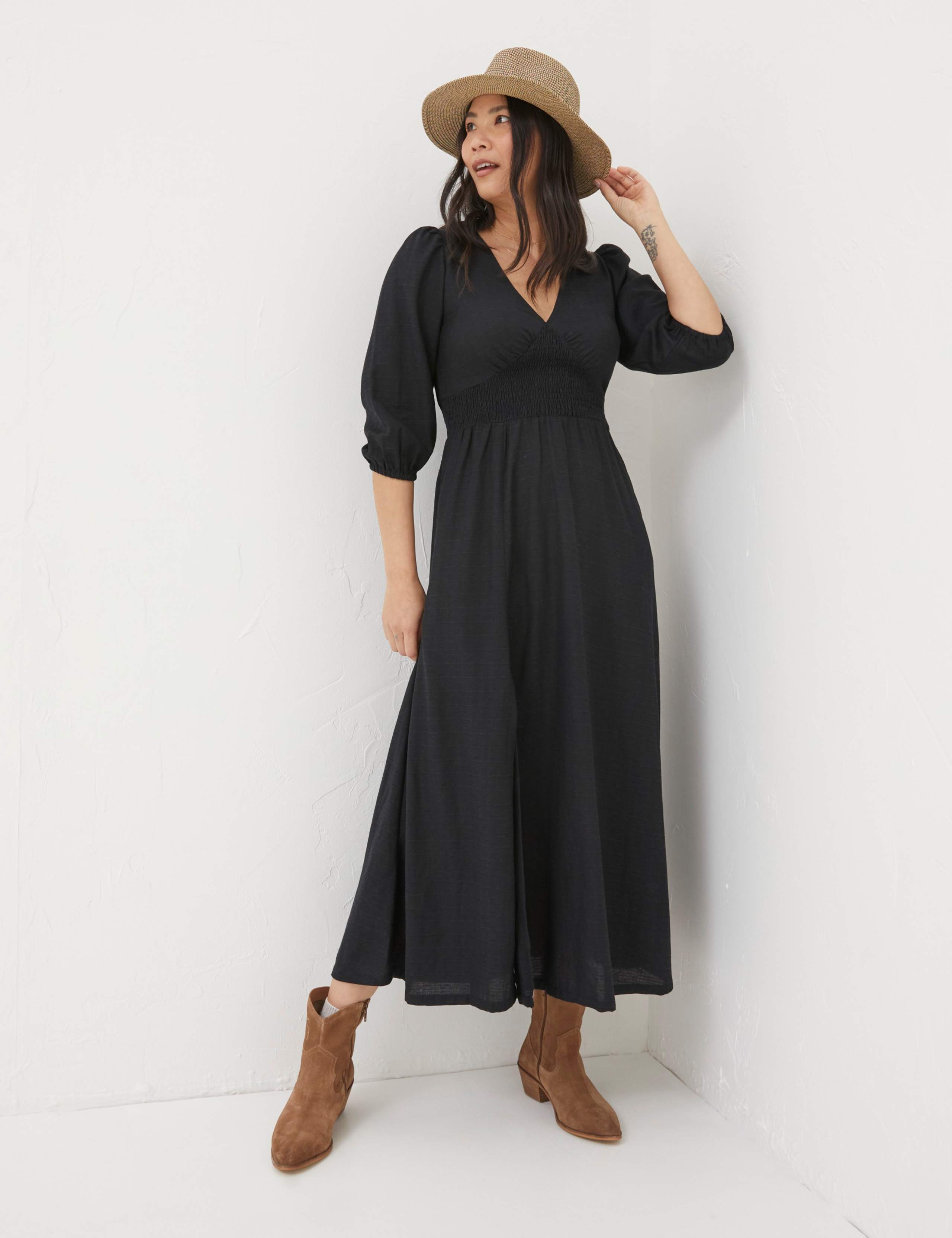 V-Neck Blouson Sleeve Midi Waisted Dress 1 of 4