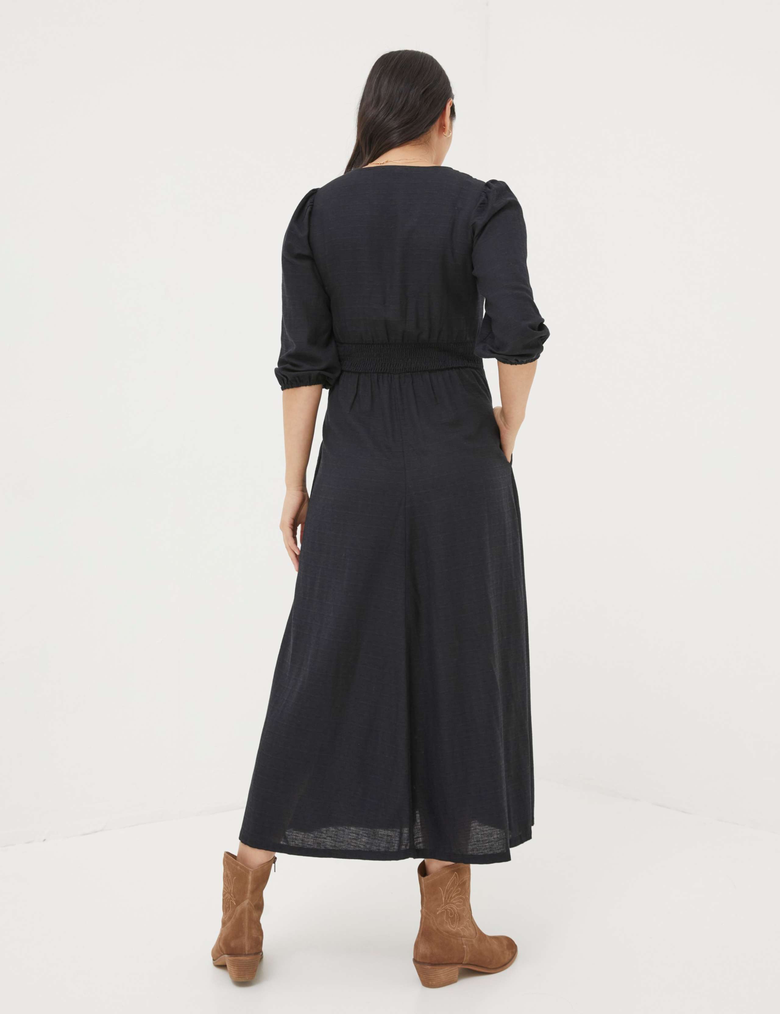 V-Neck Blouson Sleeve Midi Waisted Dress 2 of 4