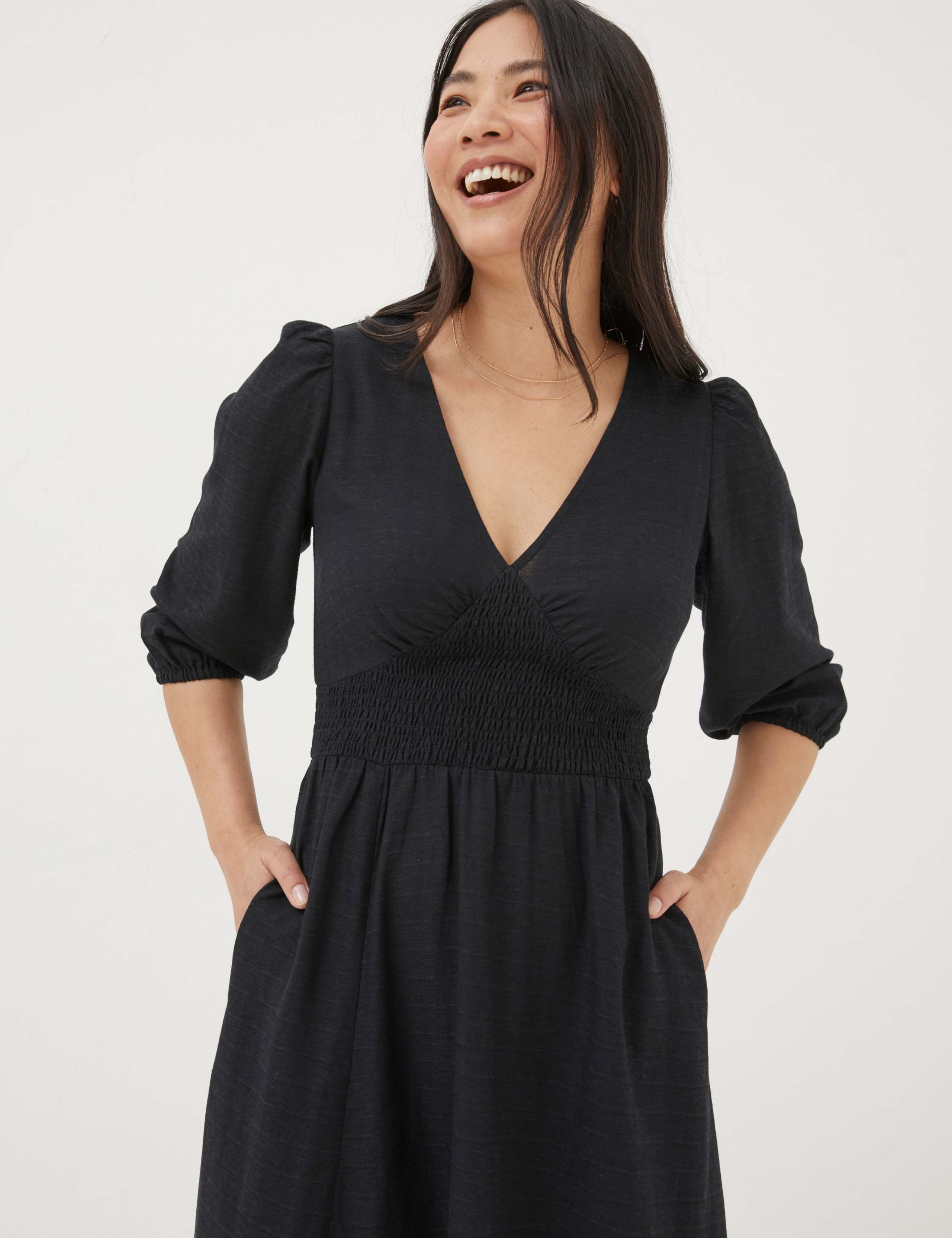 V-Neck Blouson Sleeve Midi Waisted Dress 3 of 4