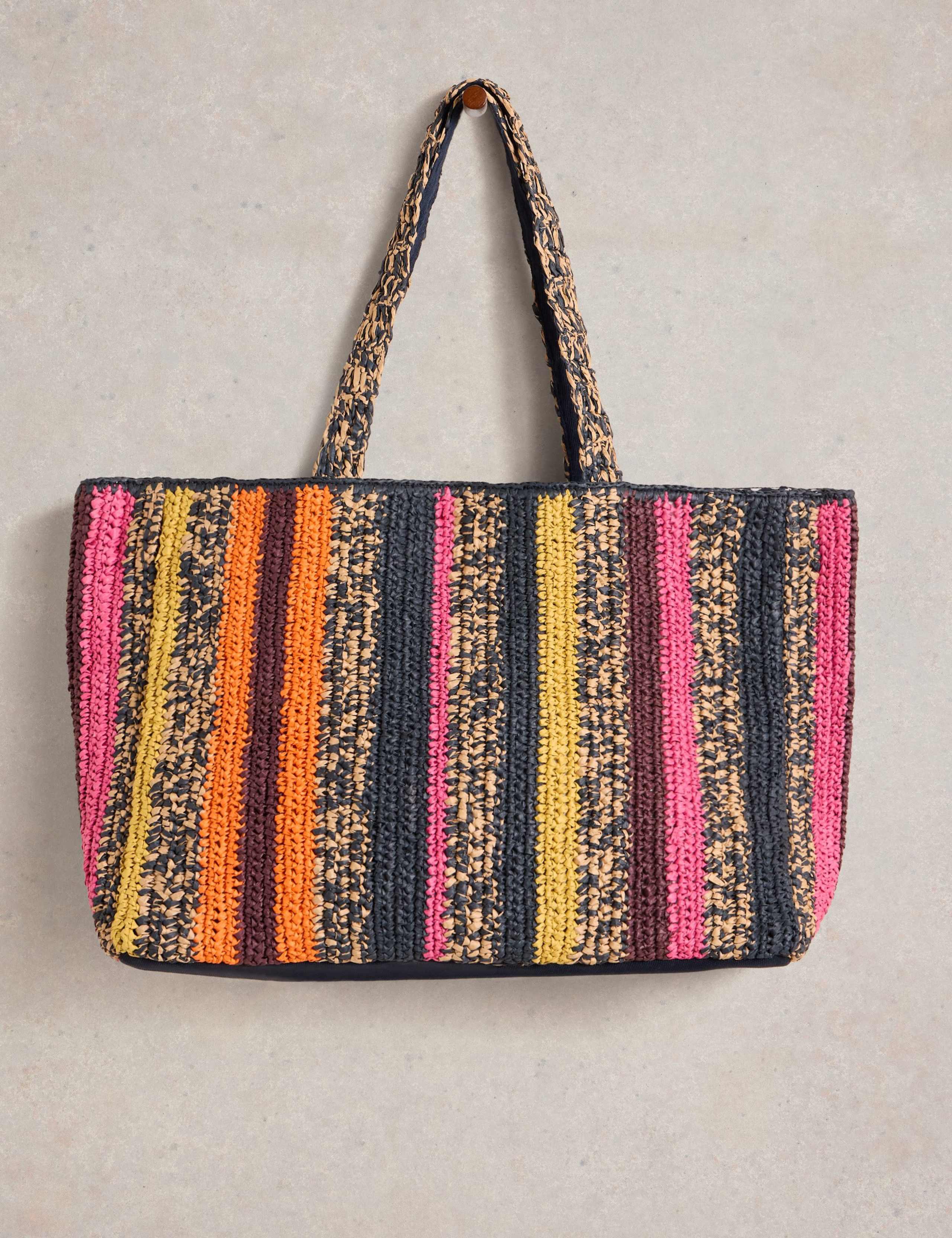 Crochet Striped Top Handle Tote Bag 4 of 5