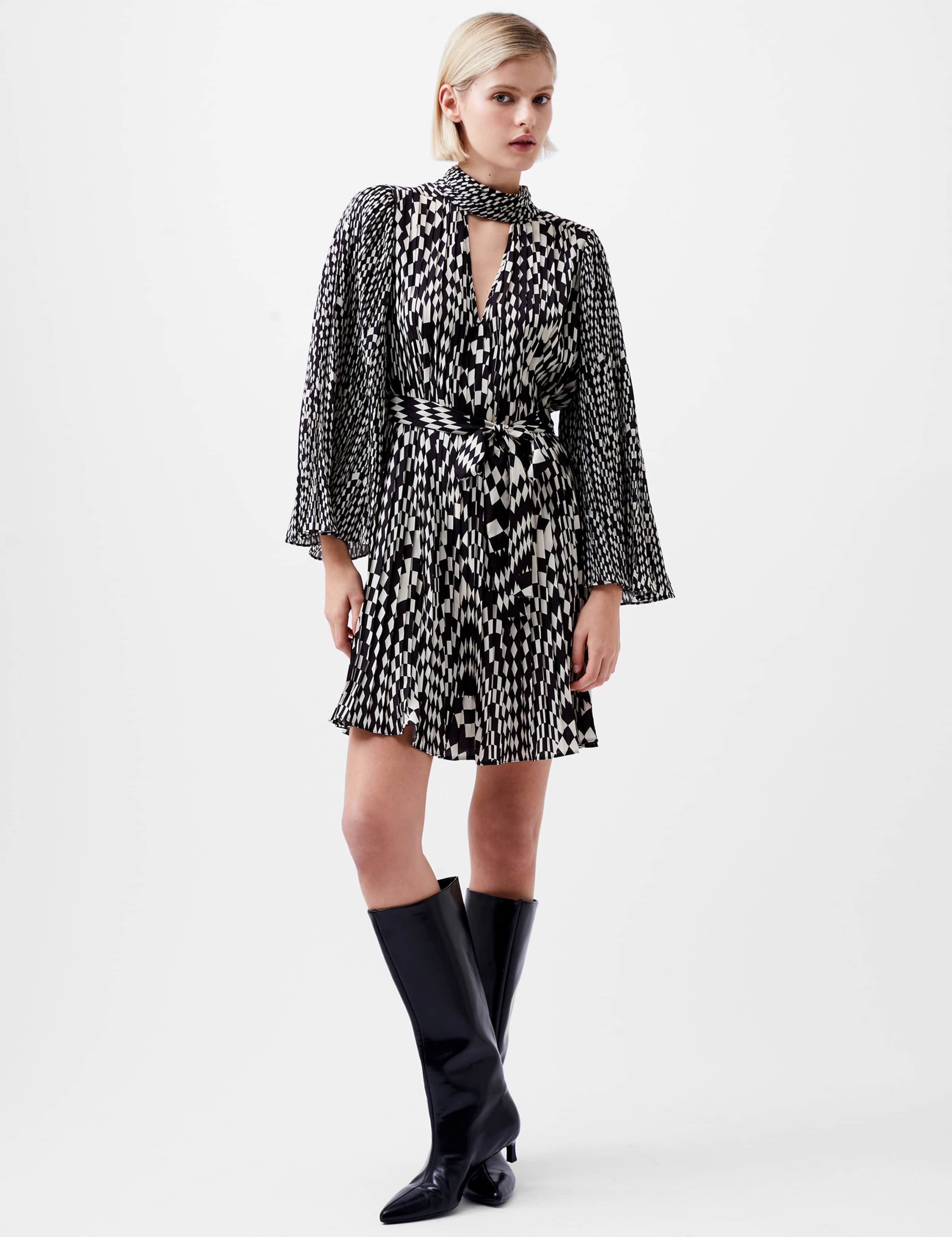 Pleated Checked High Neck Mini Skater Dress 1 of 5