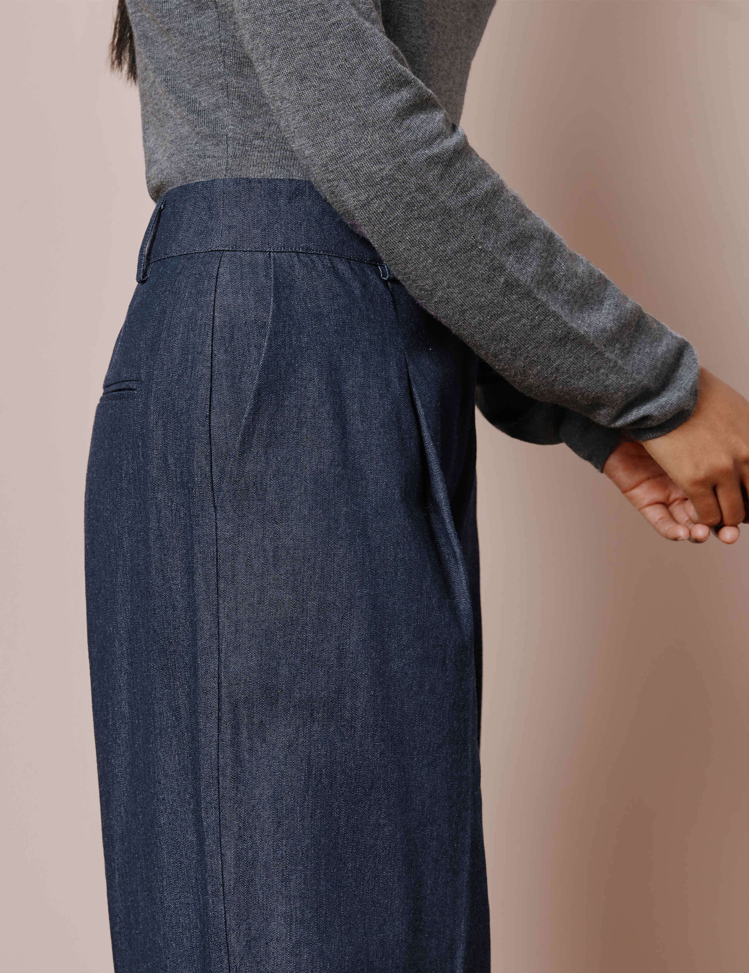 Denim Pleat Front Wide Leg Trousers 4 of 4
