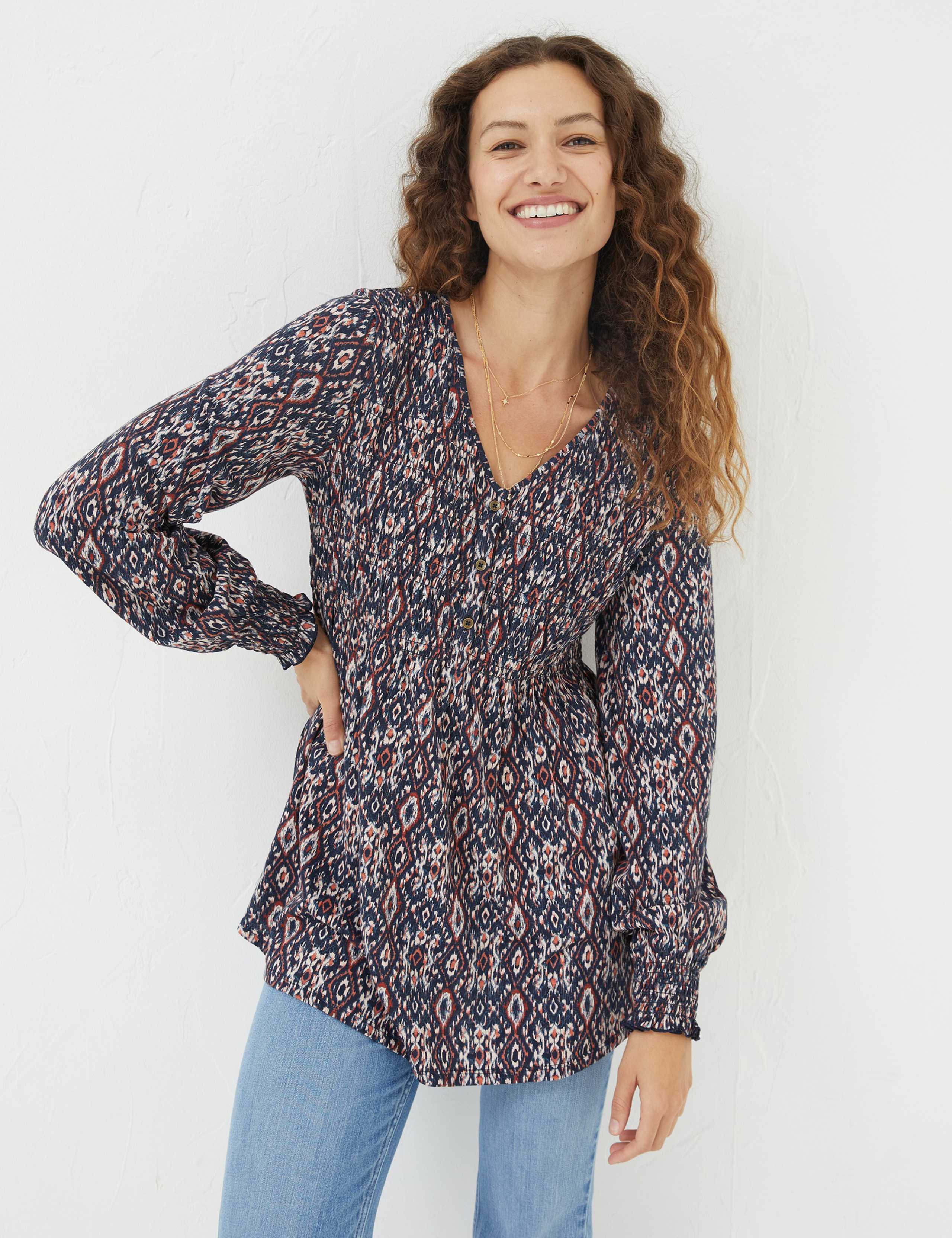 Cotton Modal Blend Geometric V-Neck Tunic 1 of 6