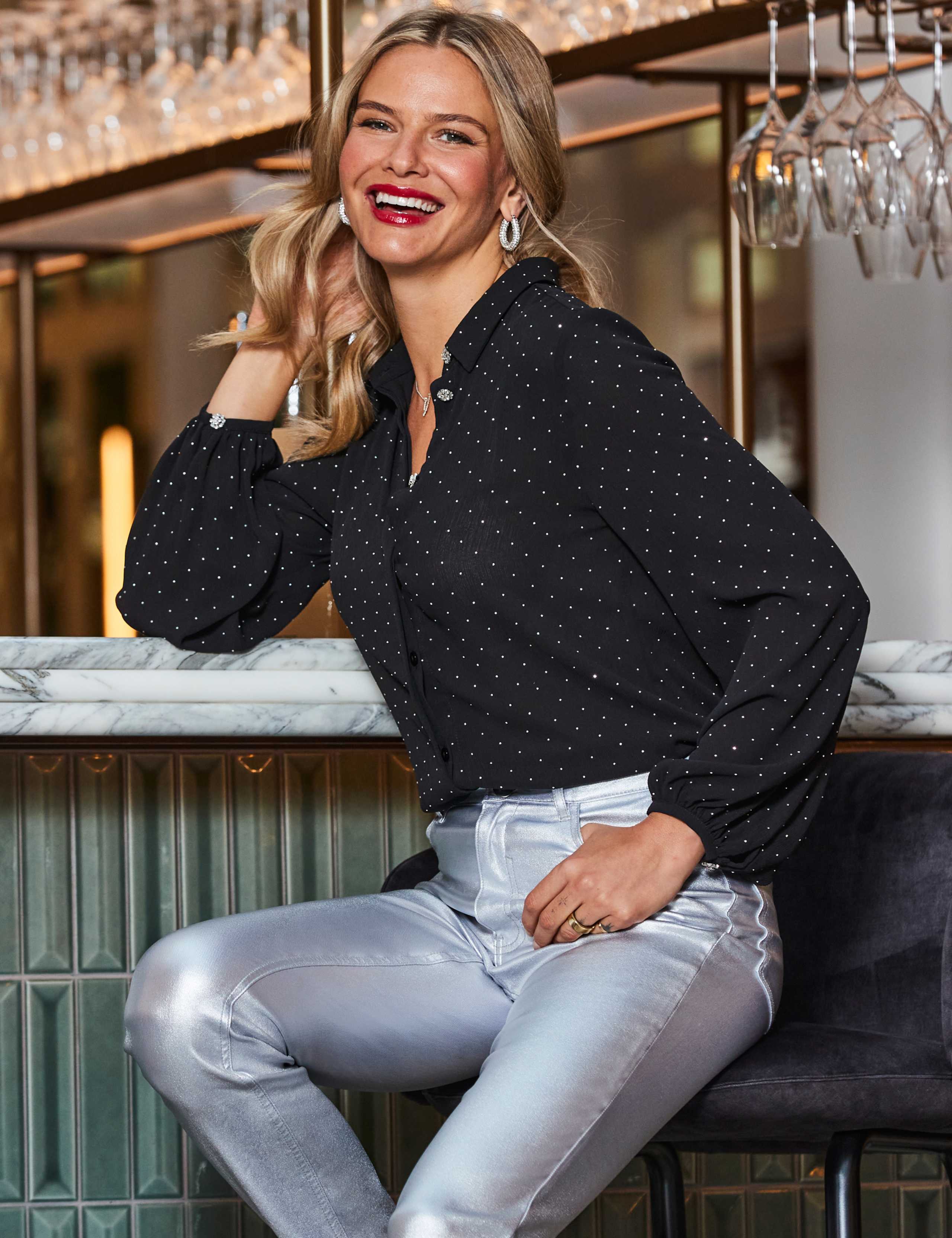 Sheer Sparkly Polka Dot Button Detail Shirt 1 of 6