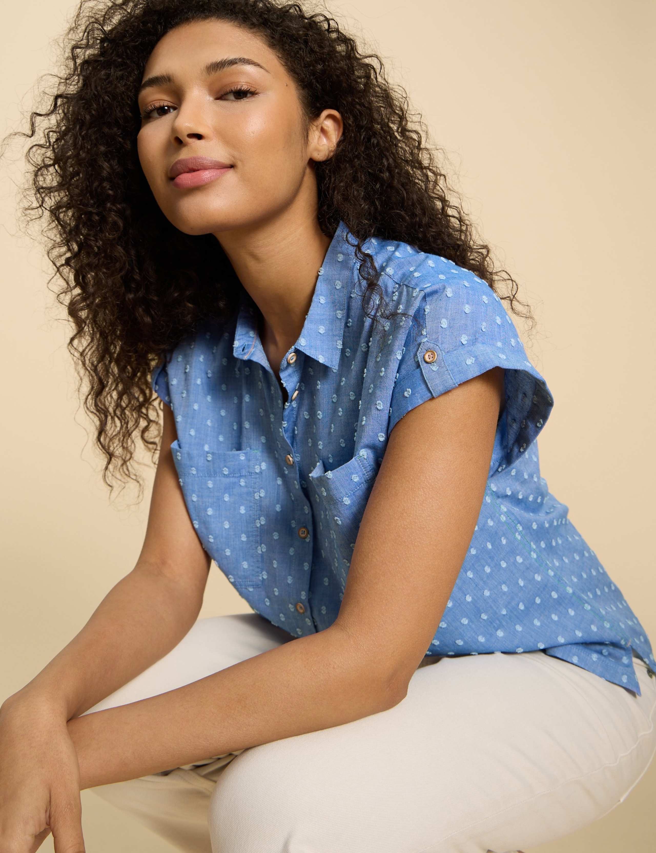 Pure Cotton Polka Dot Collared Cap Sleeve Shirt 3 of 6