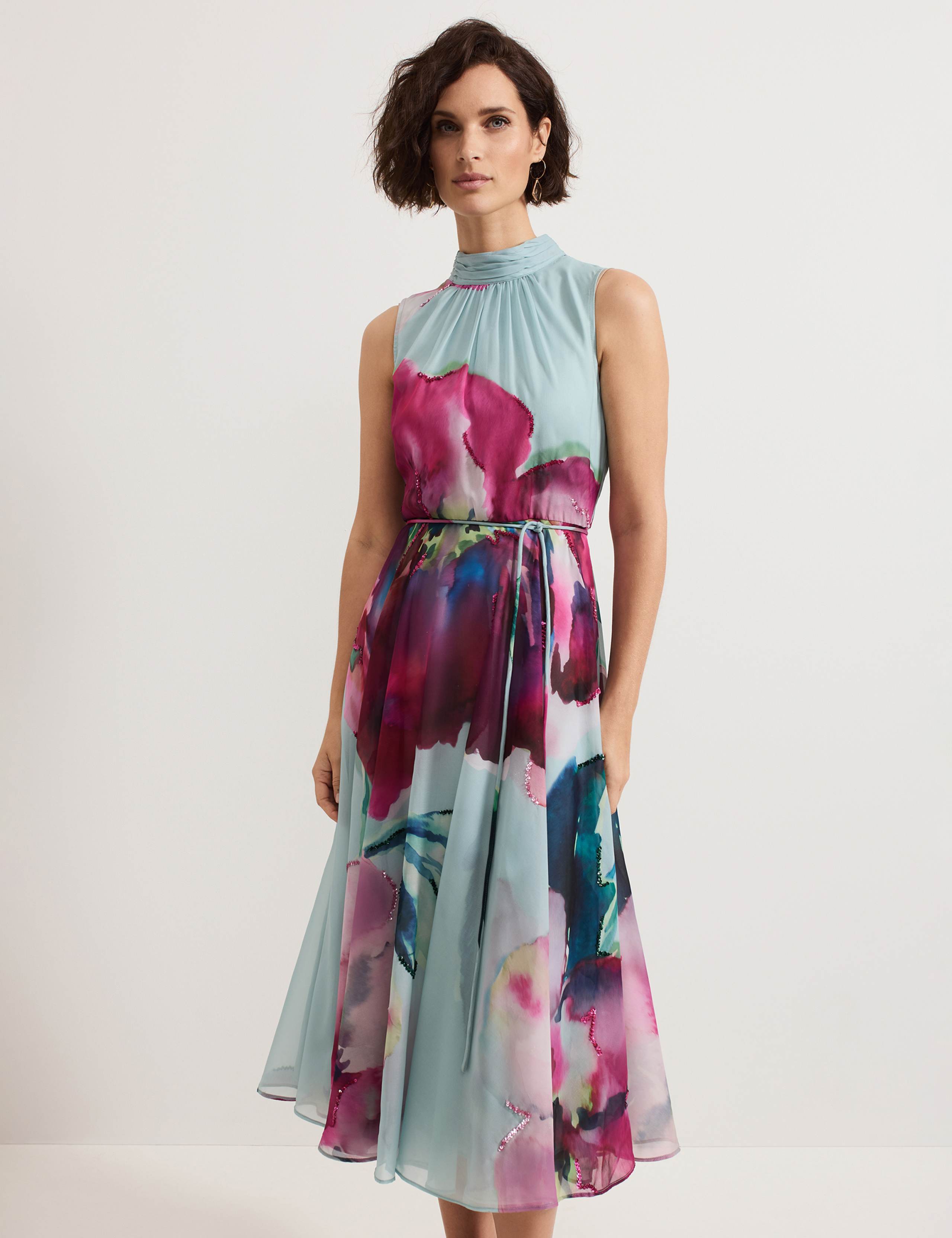 Floral Tie Neck Waisted Midi Dress 4 of 9