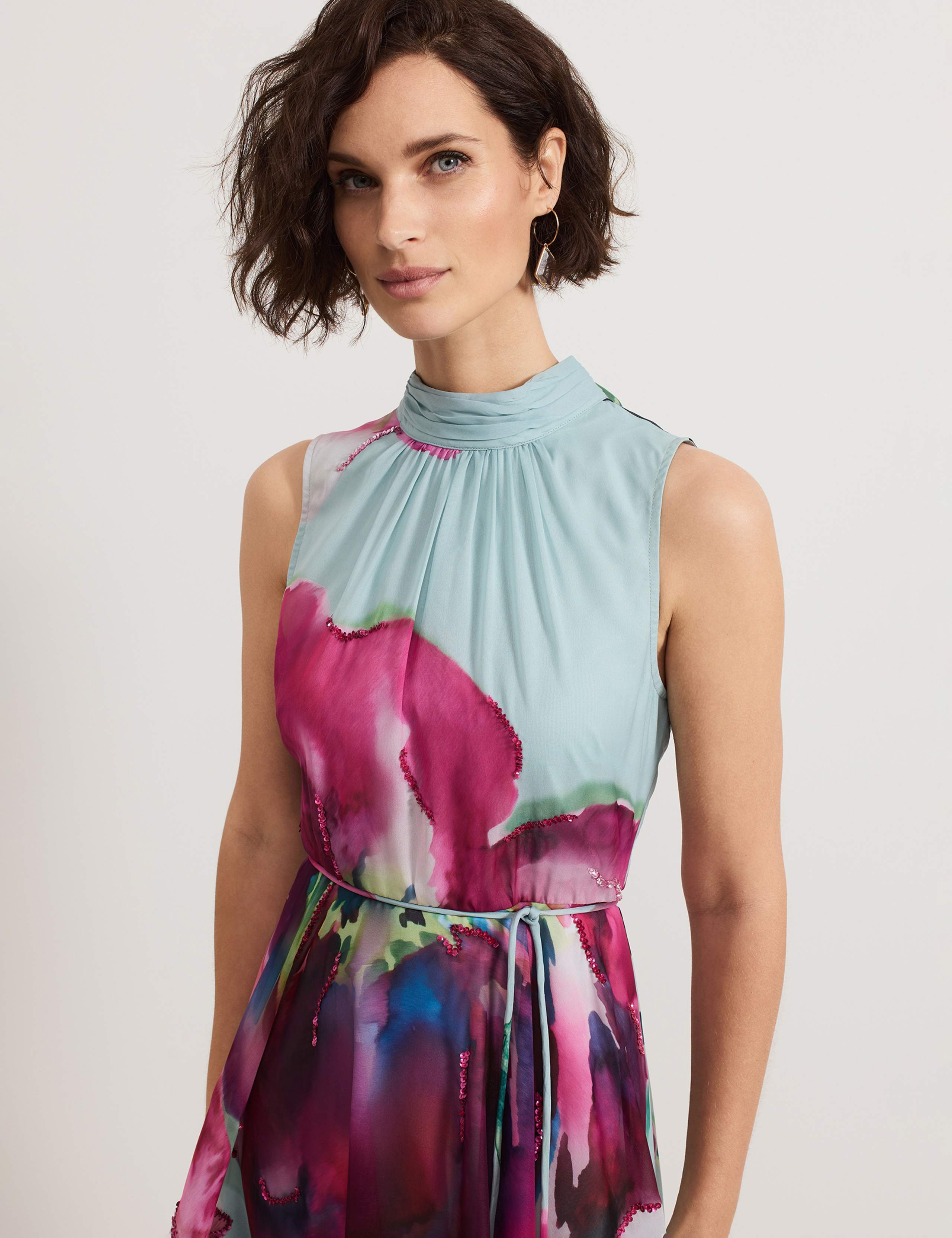 Floral Tie Neck Waisted Midi Dress 5 of 9