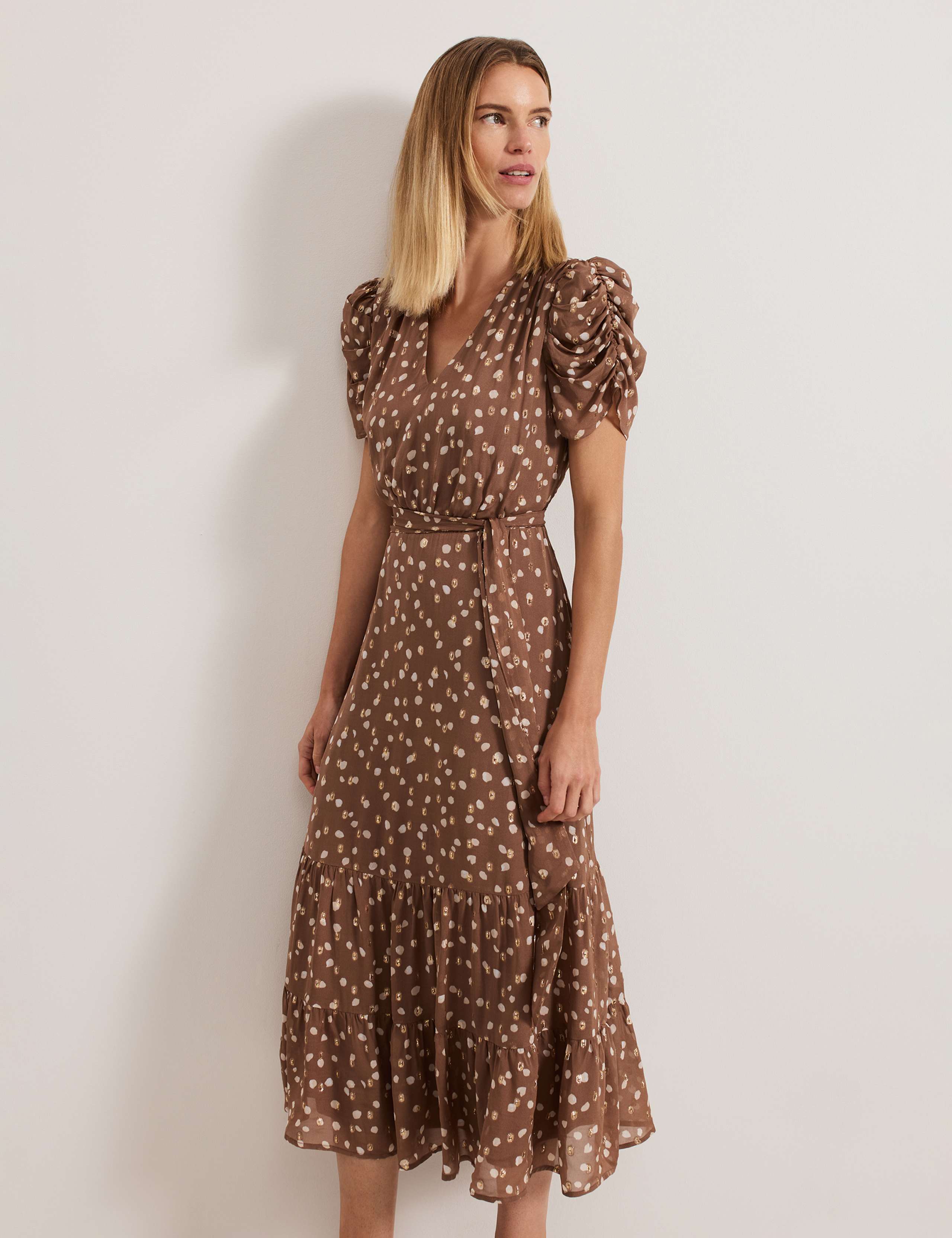 Polka Dot Tie Waist Midi Tiered Dress 4 of 7
