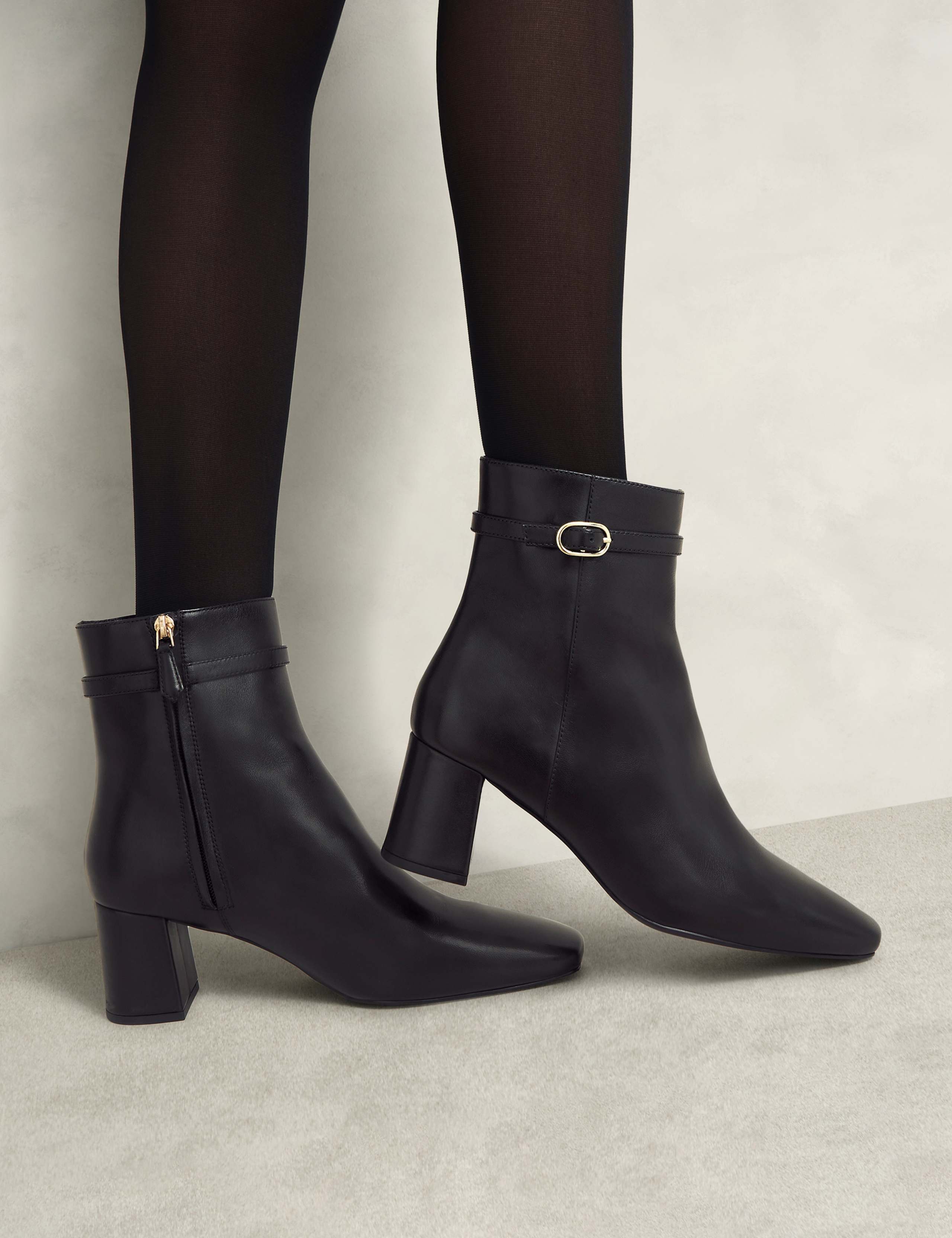 Leather Buckle Block Heel Round Toe Ankle Boots 1 of 6