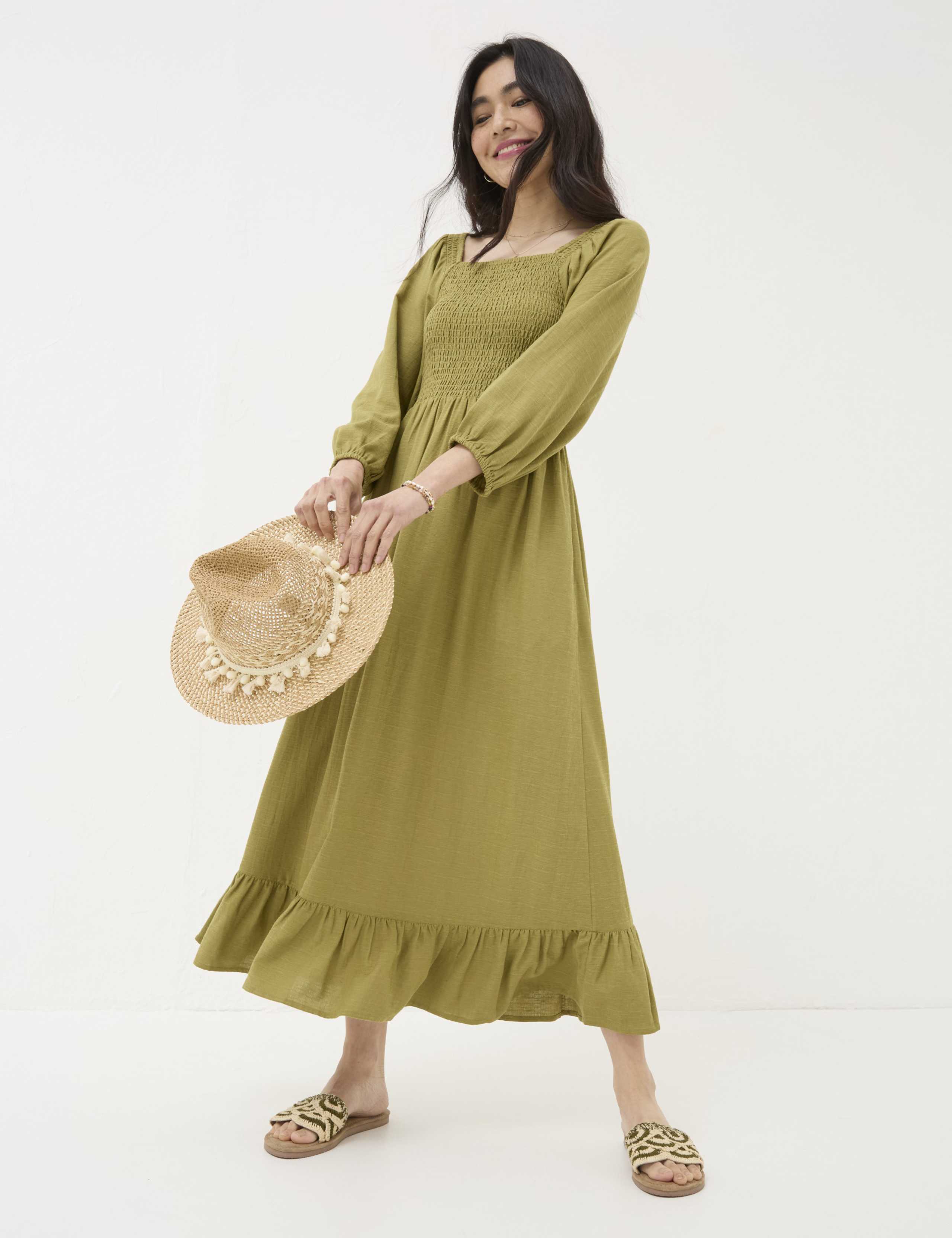 Square Neck Midi Shirred Dress with Linen 1 of 2