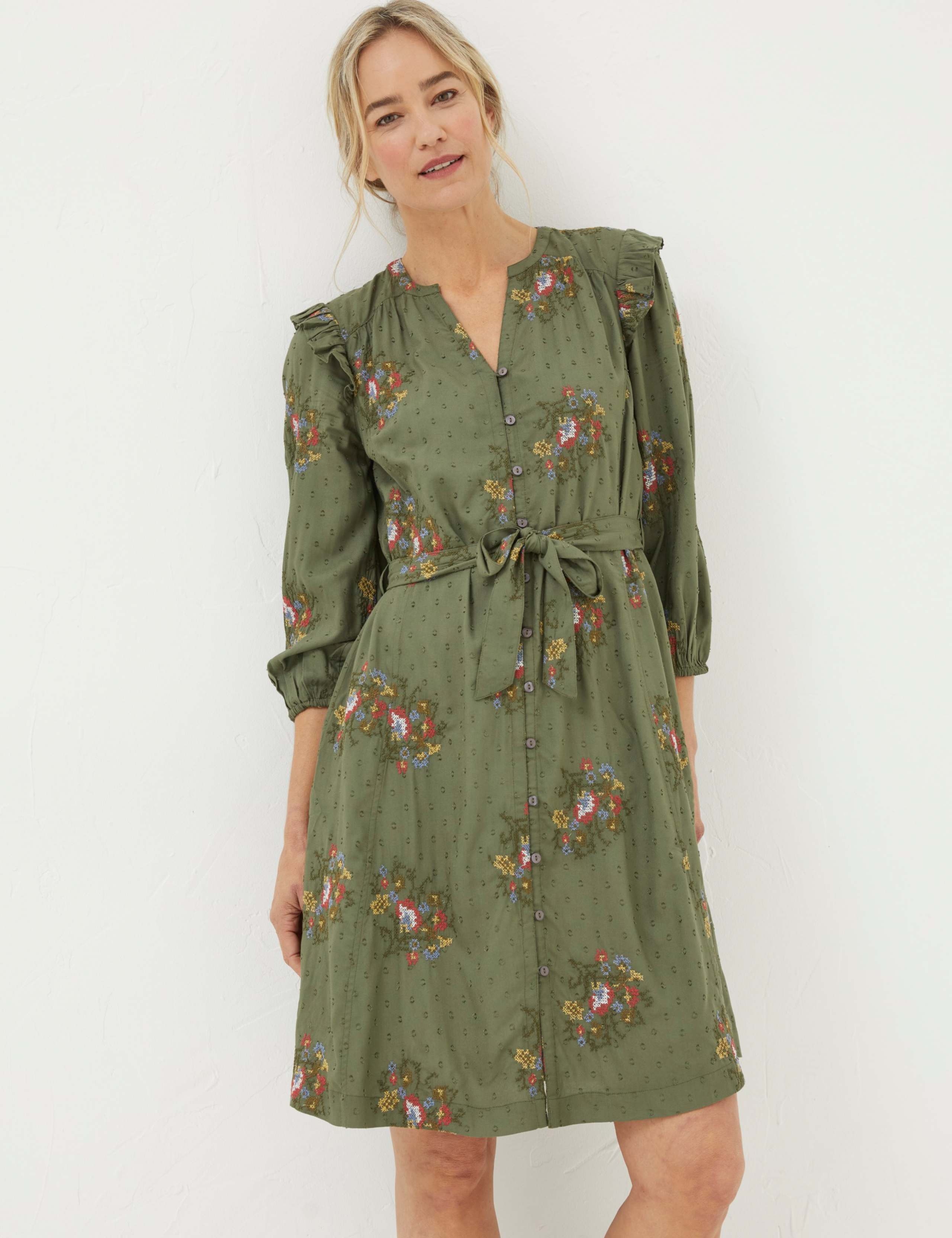Embroidered Notch Neck Belted Shirt Dress 1 of 4