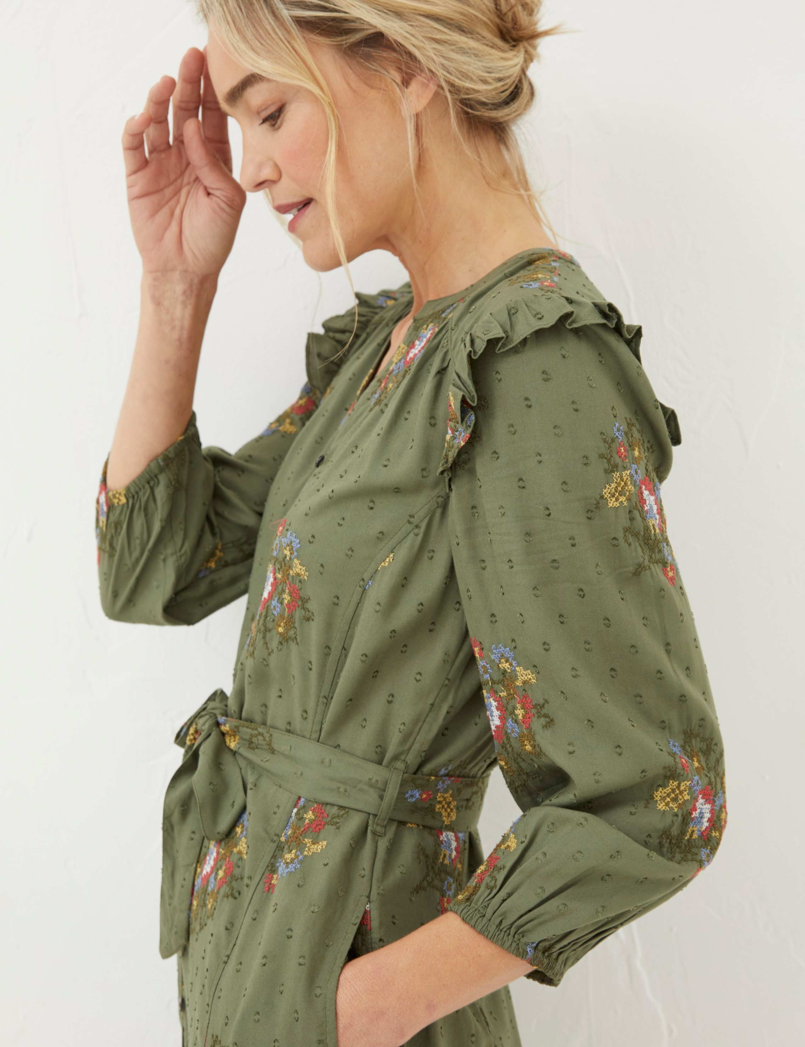 Embroidered Notch Neck Belted Shirt Dress 3 of 4