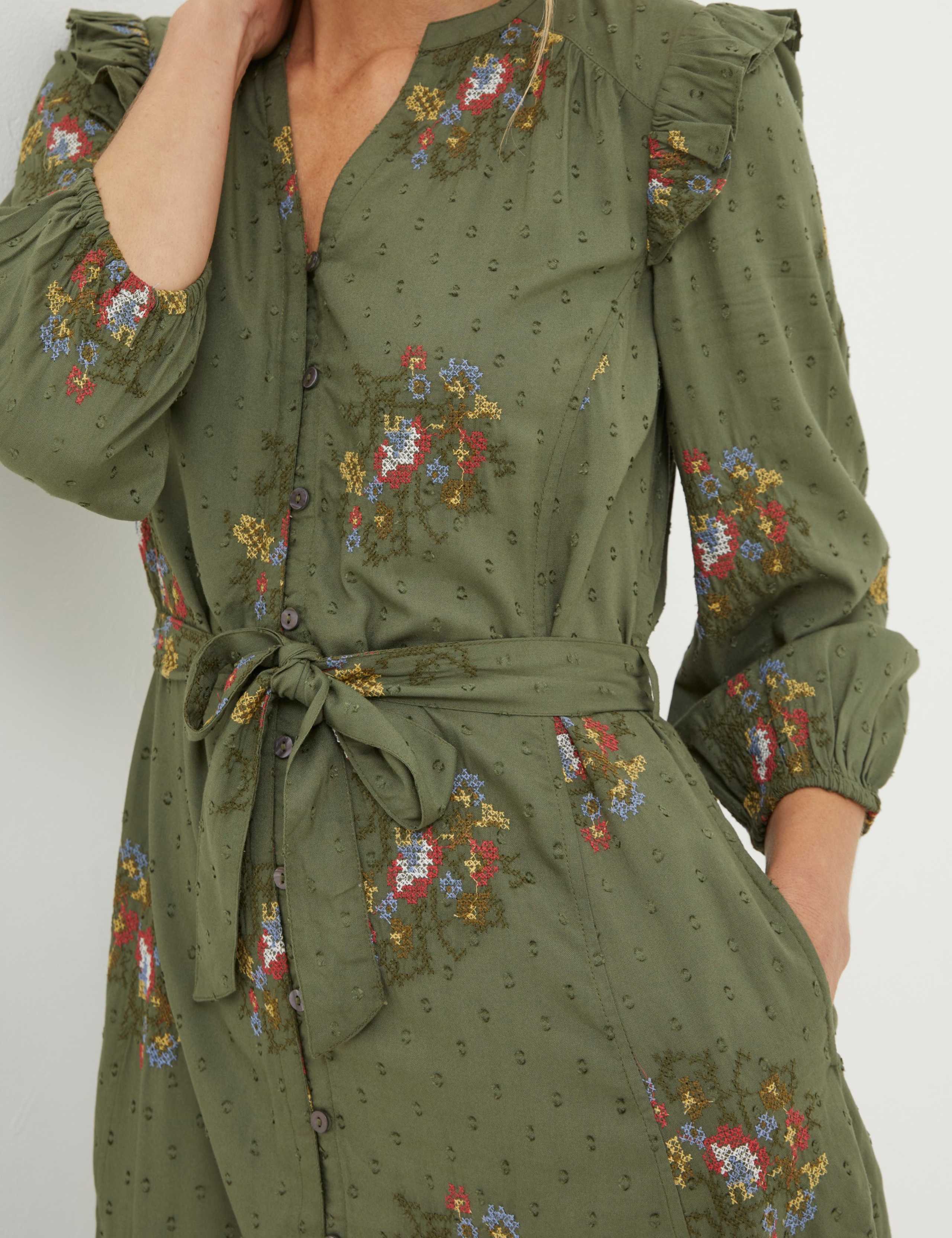 Embroidered Notch Neck Belted Shirt Dress 4 of 4