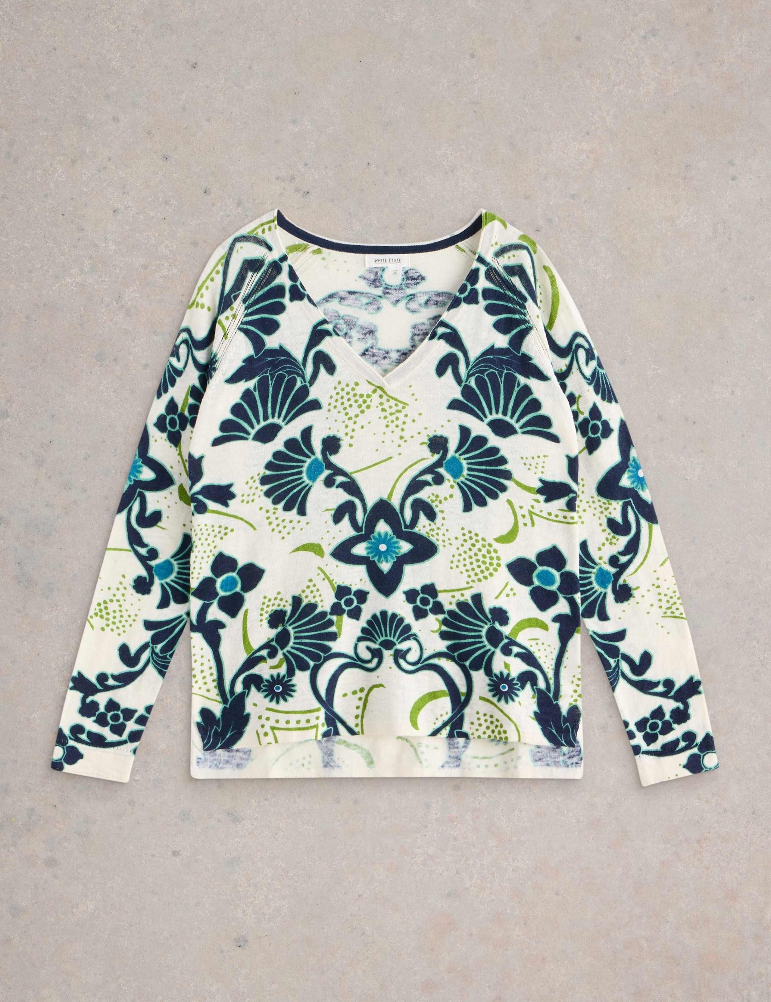 Cotton Rich Patterned V-Neck Jumper With Linen 2 of 7