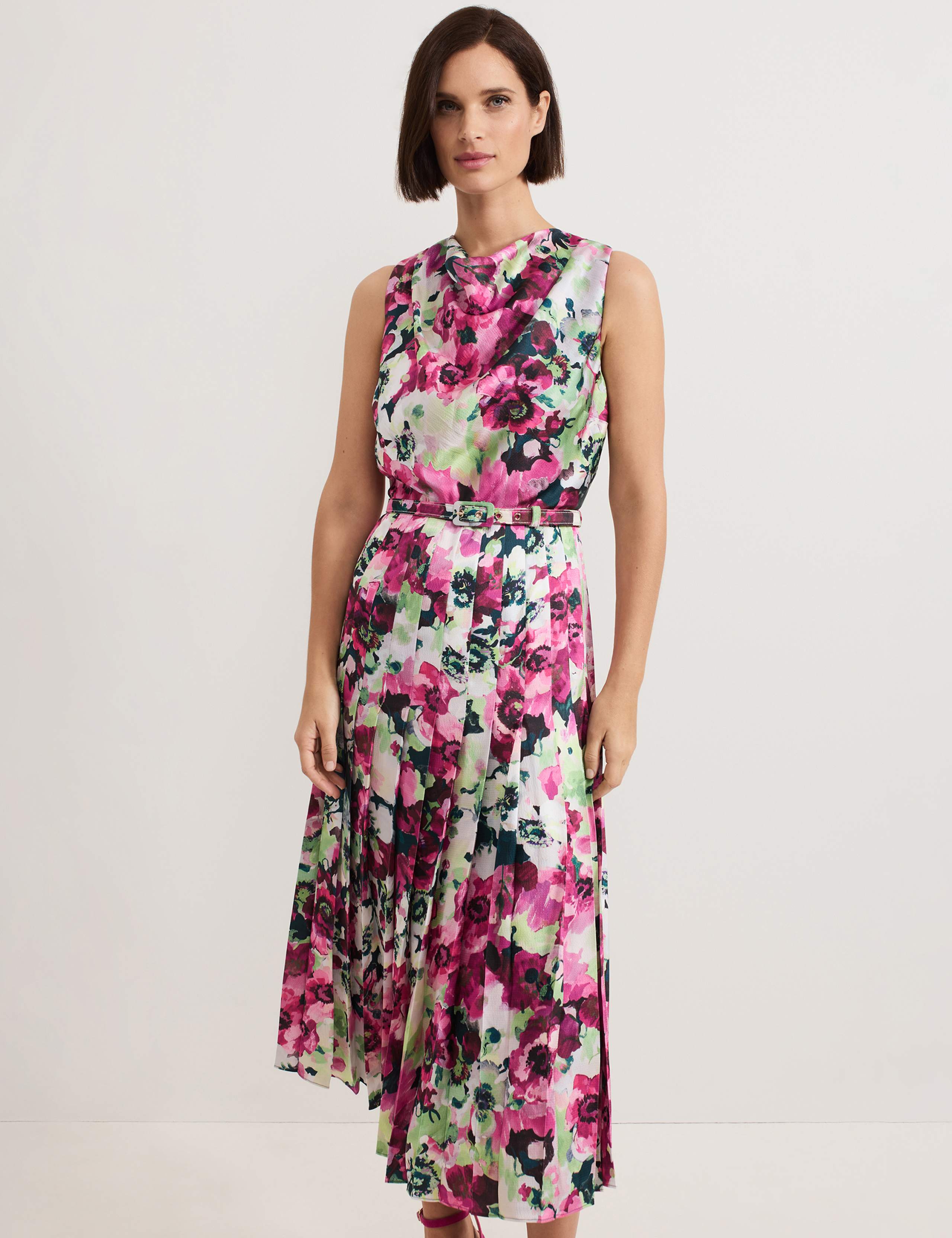 Floral Cowl Neck Pleated Midi Skater Dress 4 of 6