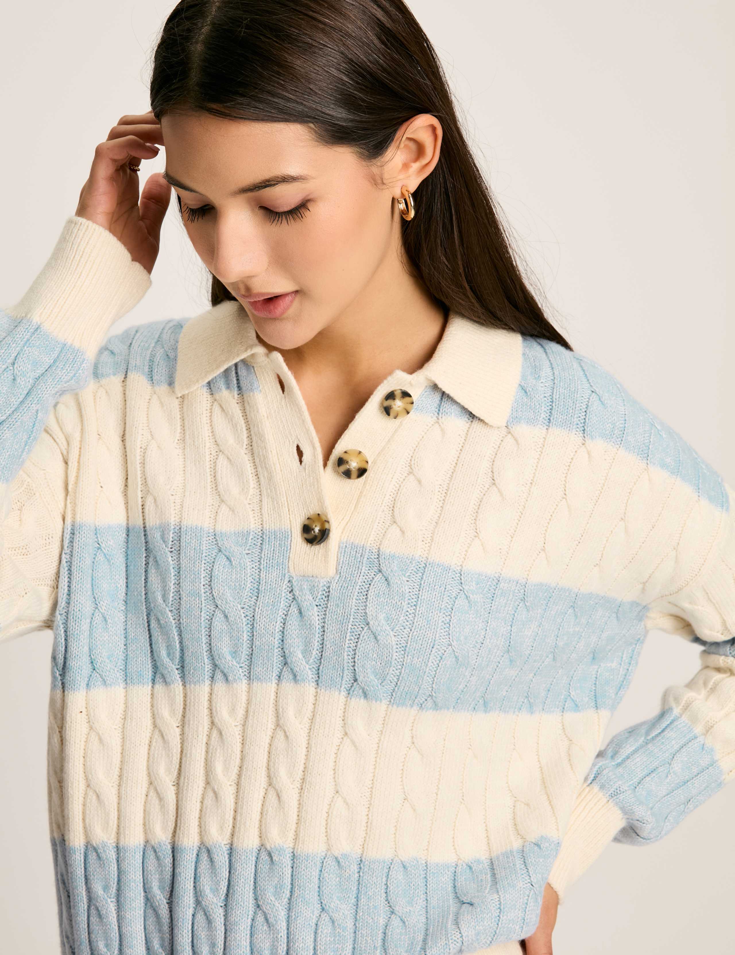 Cotton Rich Cable Knit Striped Collared Jumper