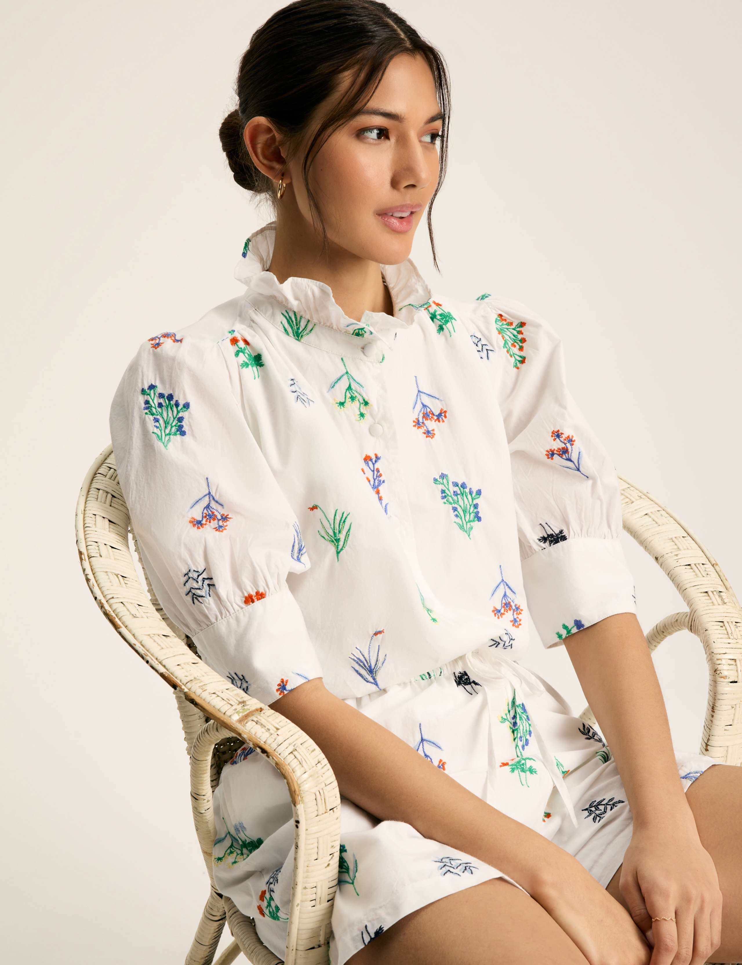 Pure Cotton Embroidered Frill Neck Blouse 1 of 3