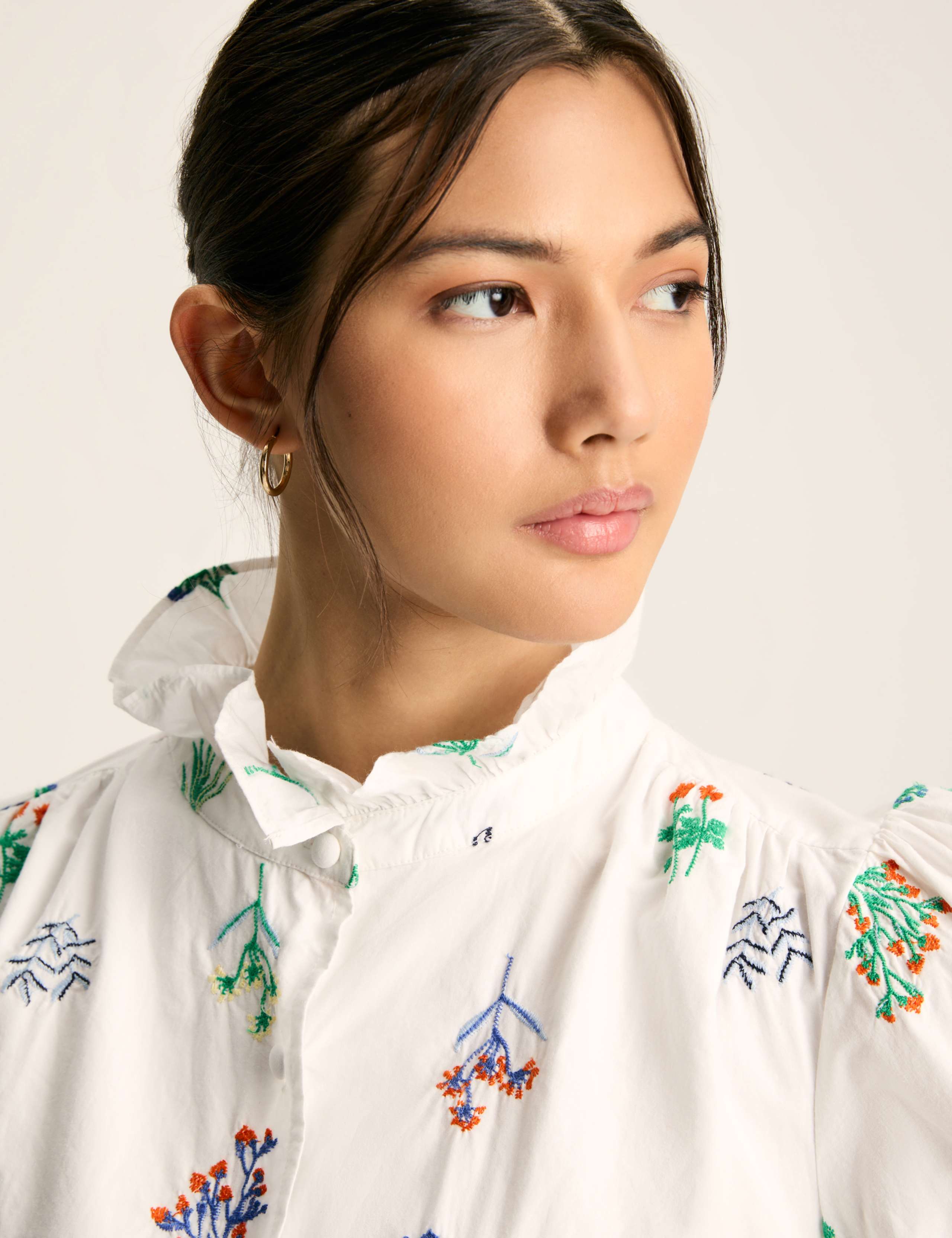 Pure Cotton Embroidered Frill Neck Blouse 3 of 3