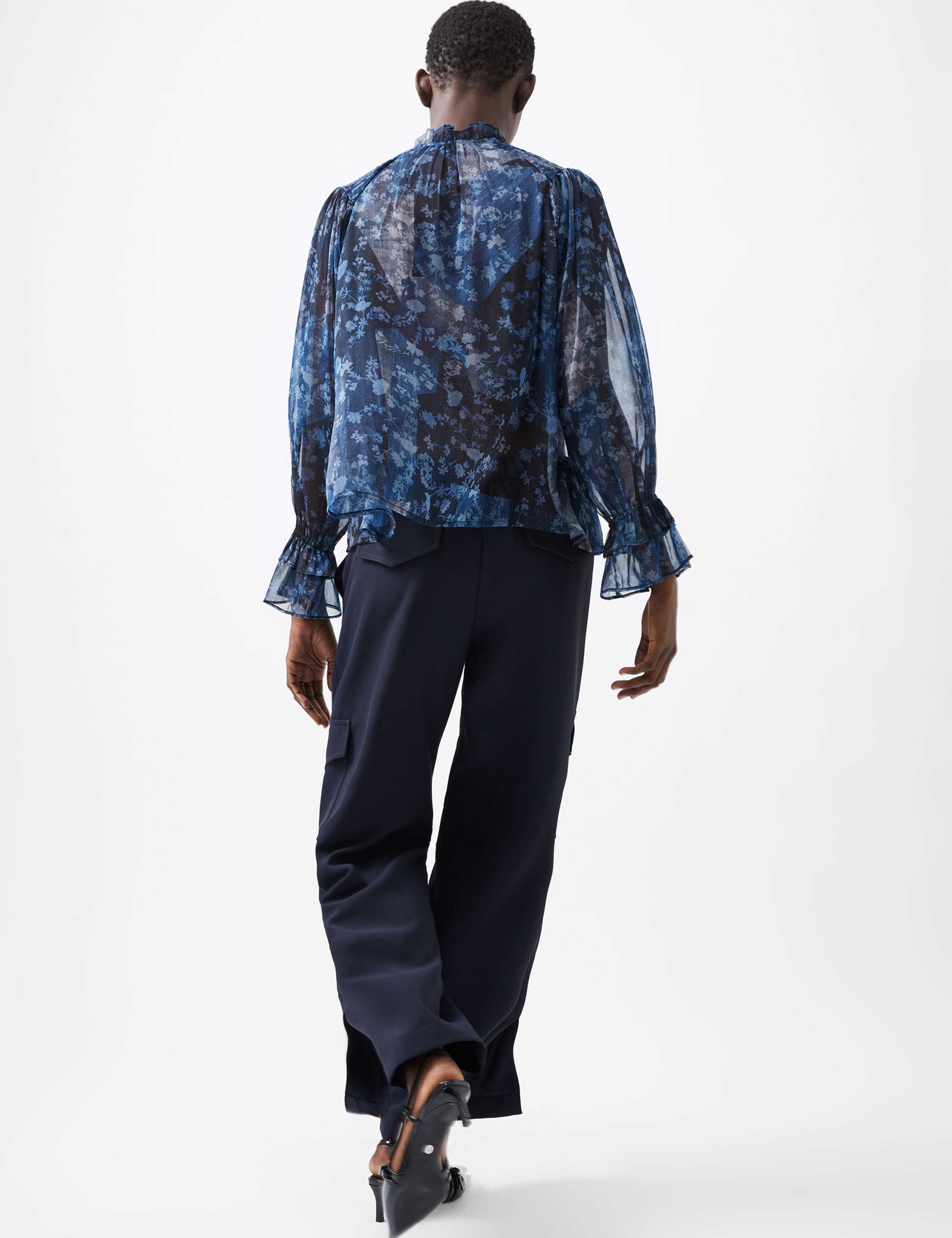 Sheer Floral Print High Neck Ruffle Blouse 3 of 4