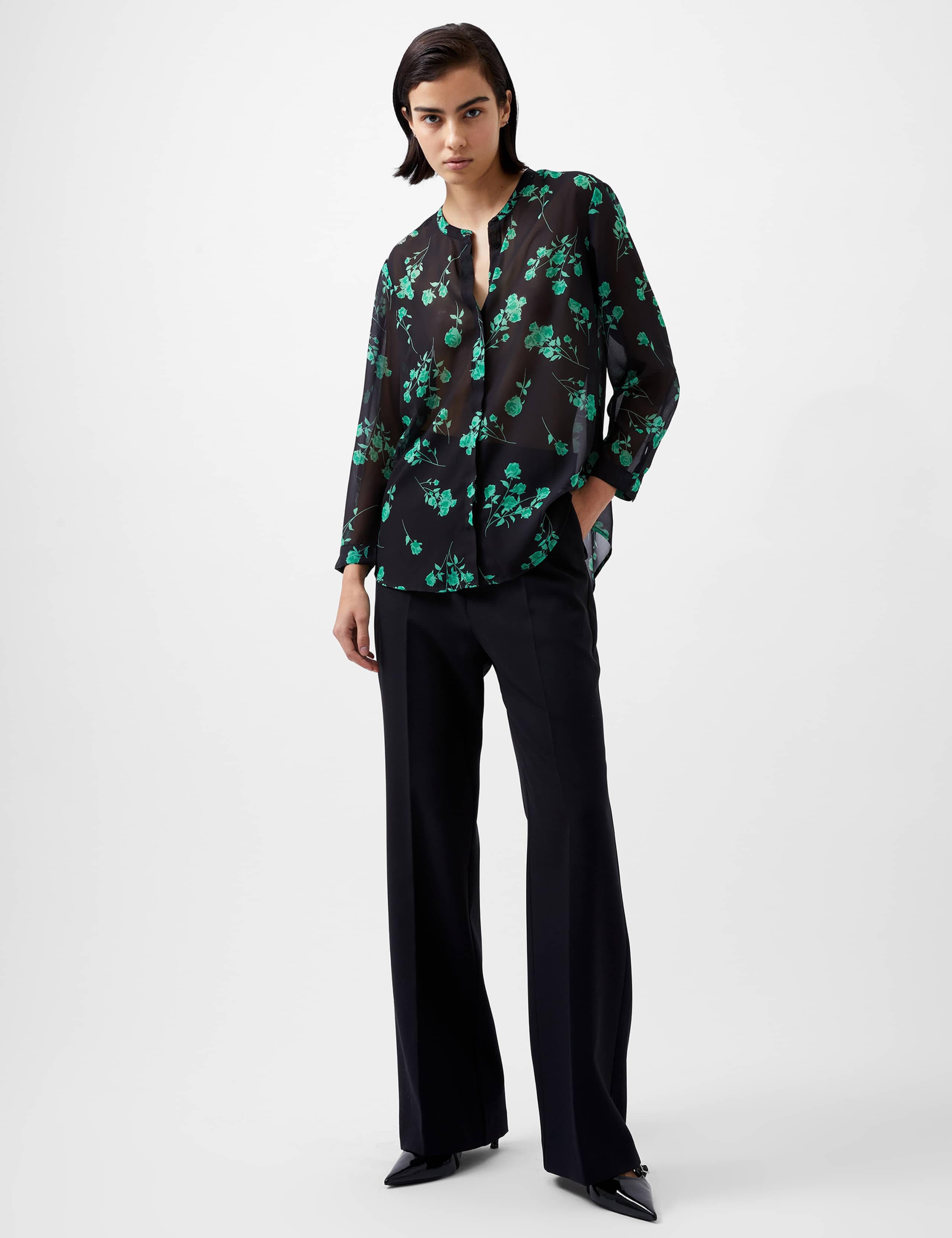 Sheer Floral Print Collared Relaxed Blouse 3 of 4