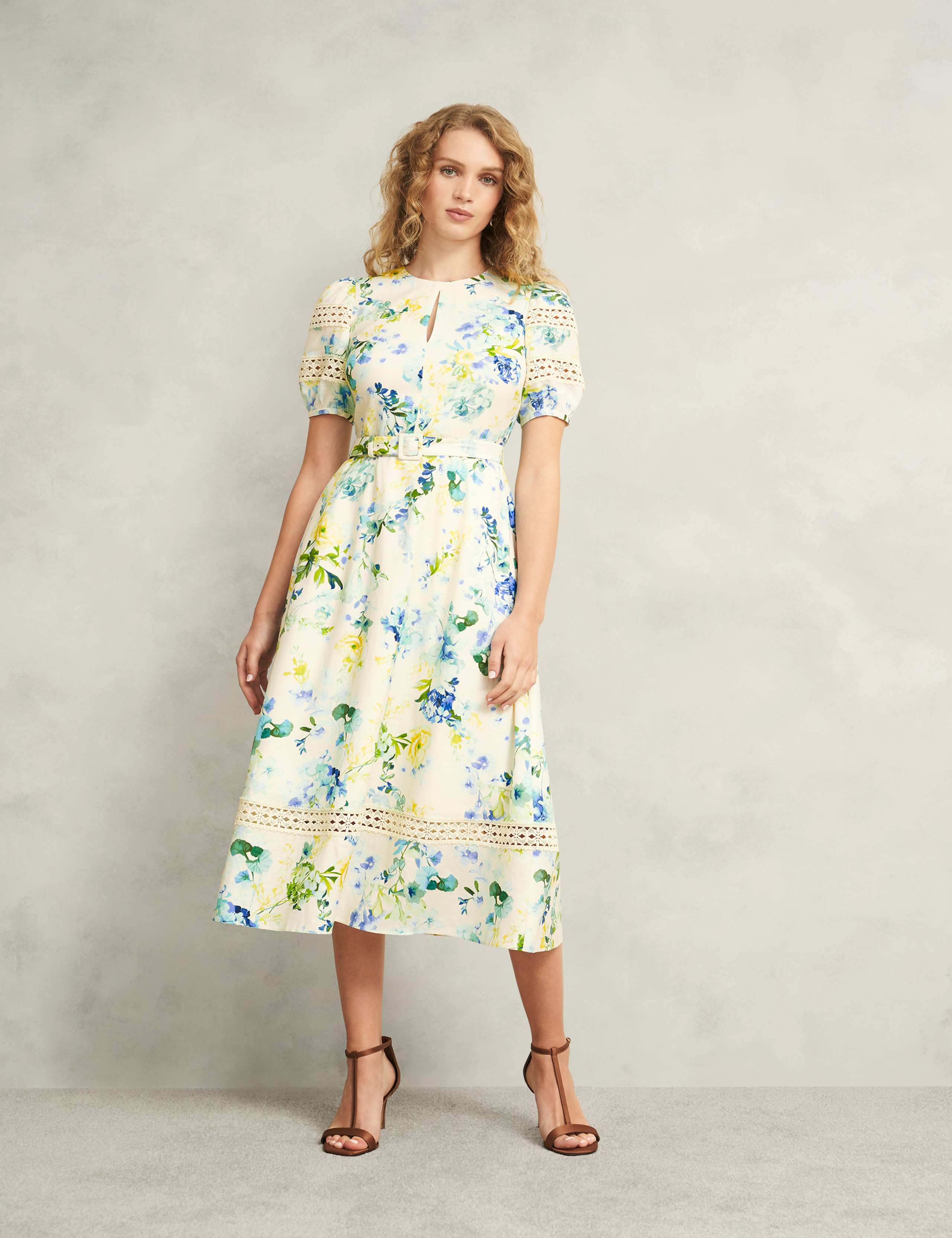 Floral Midi Skater Dress with Linen 1 of 9
