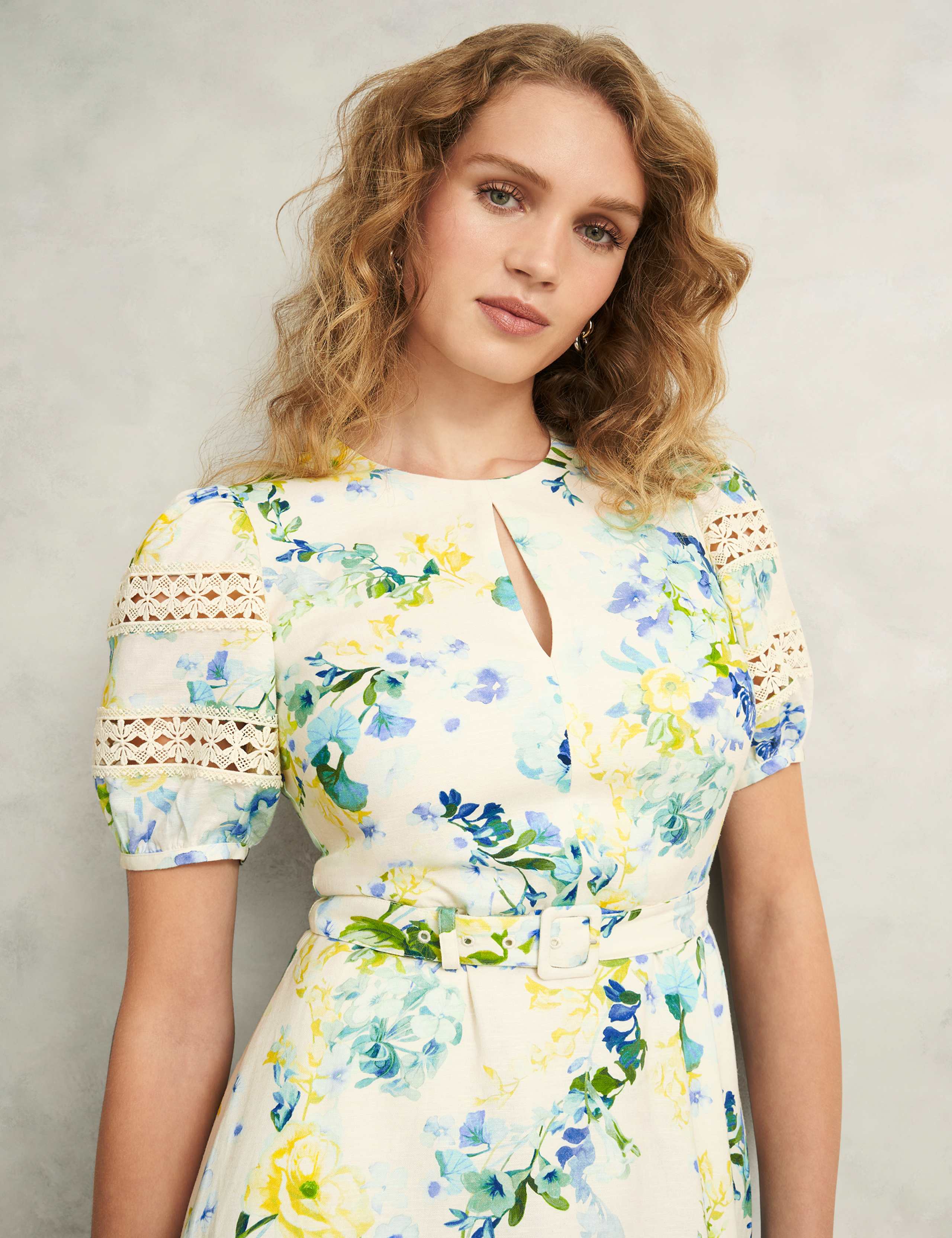 Floral Midi Skater Dress with Linen 3 of 9