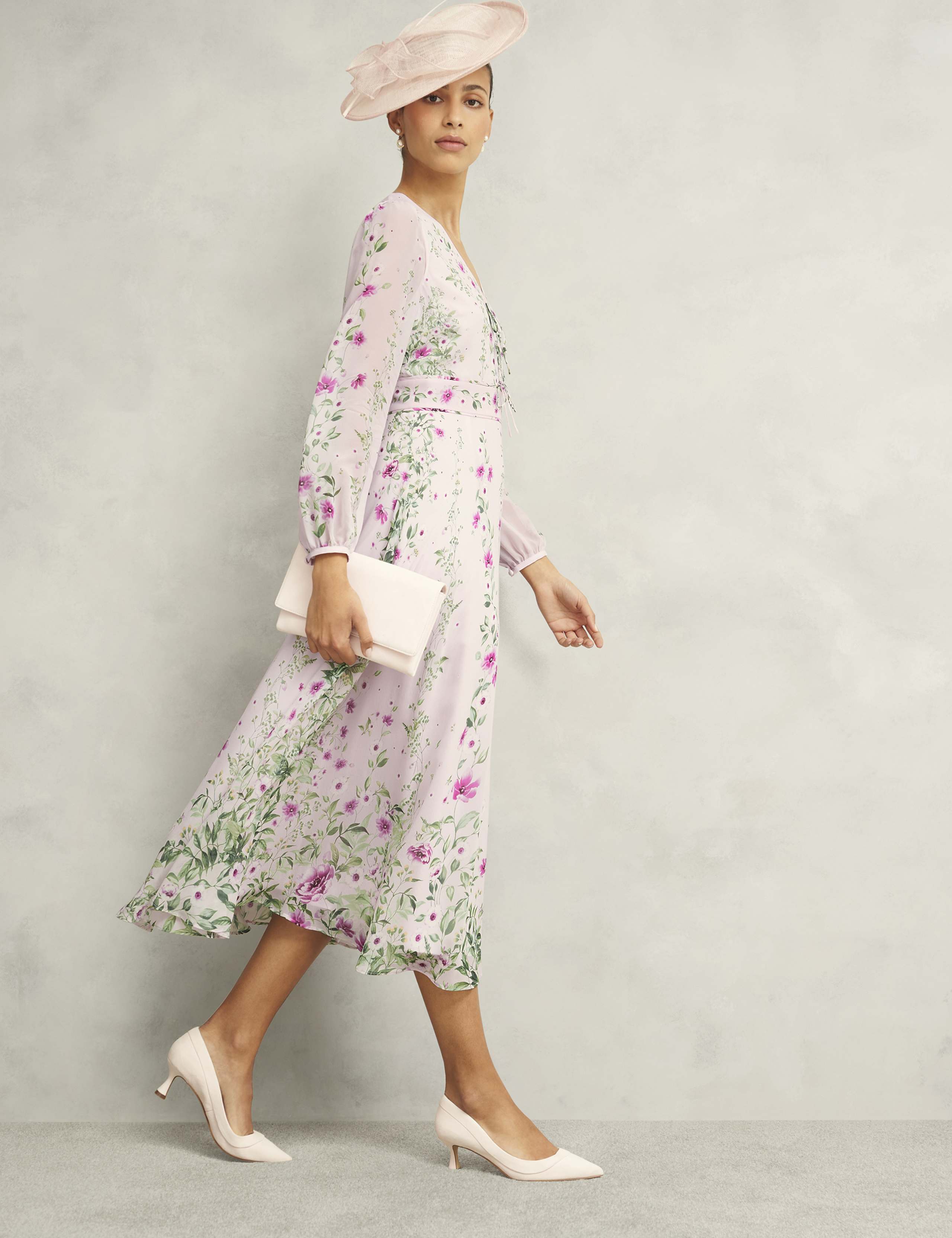 Silk Rich Floral V-Neck Midi Skater Dress 6 of 8