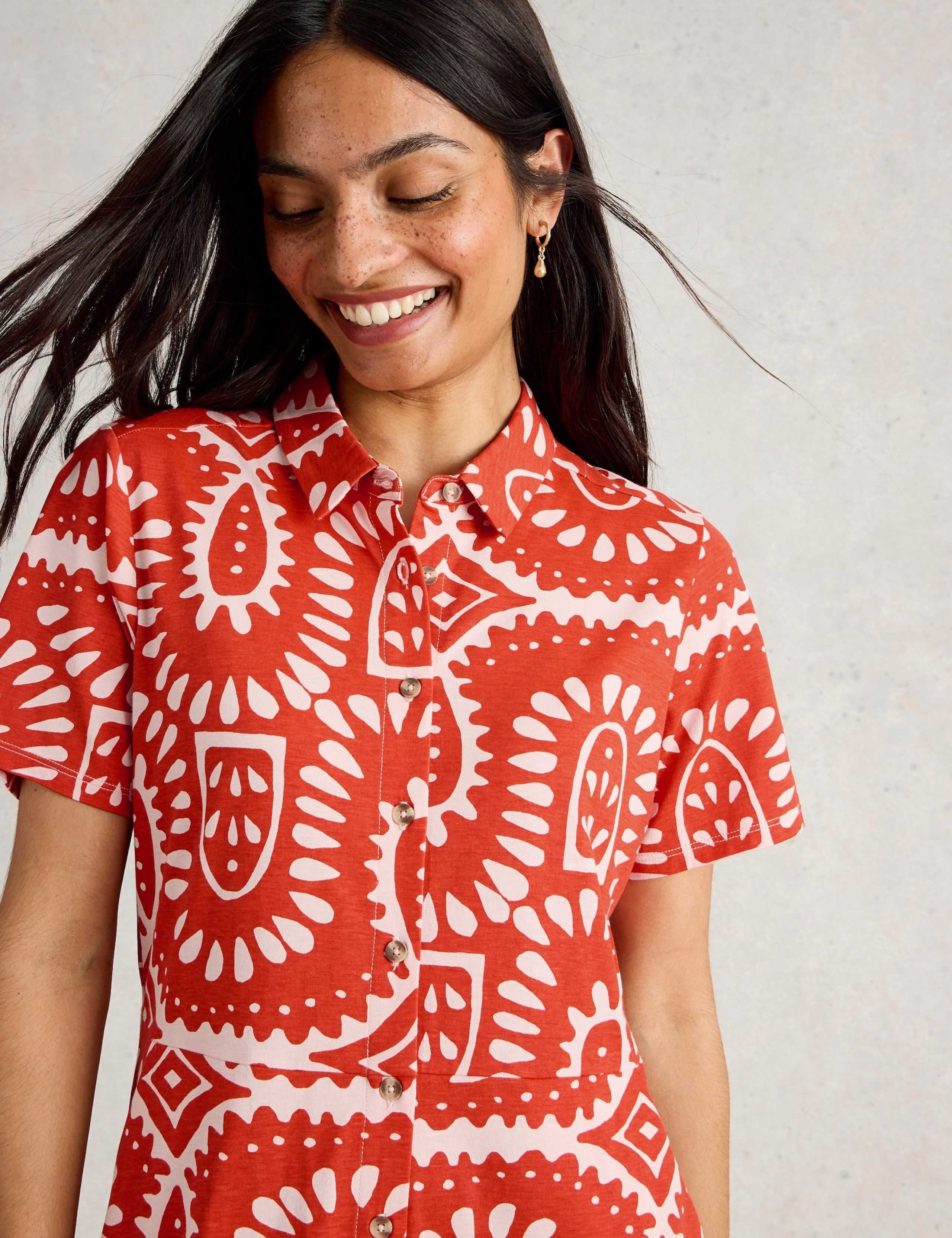 Cotton Blend Printed Midi Shirt Dress 4 of 5