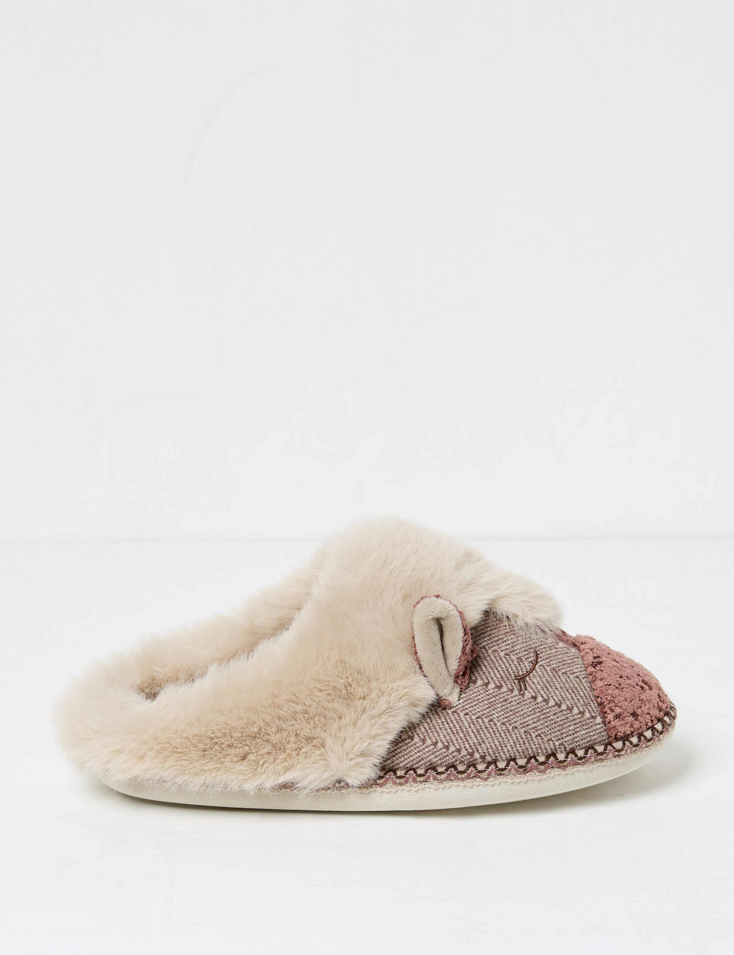 Embroidered Faux Fur Cuff Mule Slippers 1 of 2